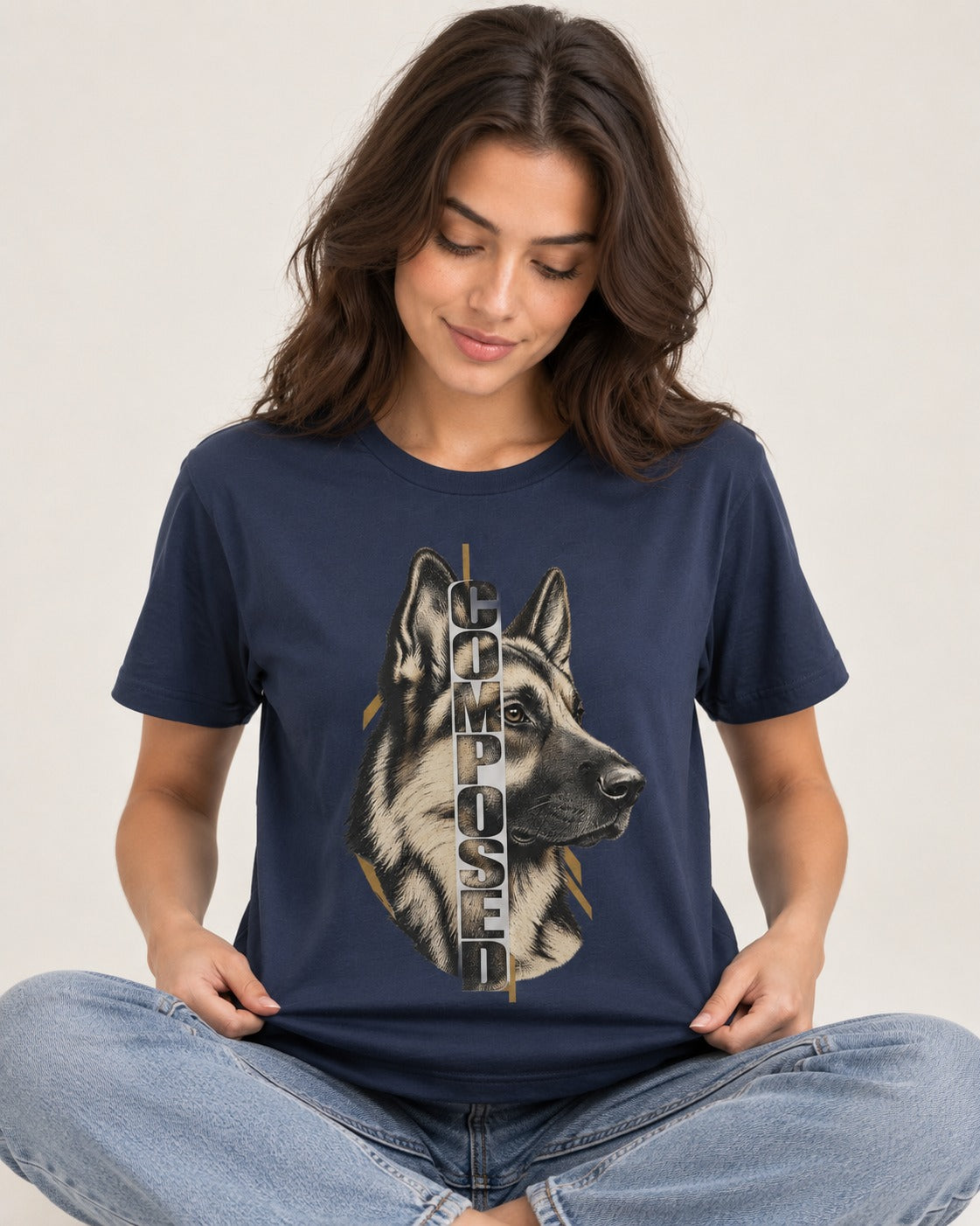 Composed Profile German Shepherd Dog Graphic T-Shirt in Navy, worn by a seated model