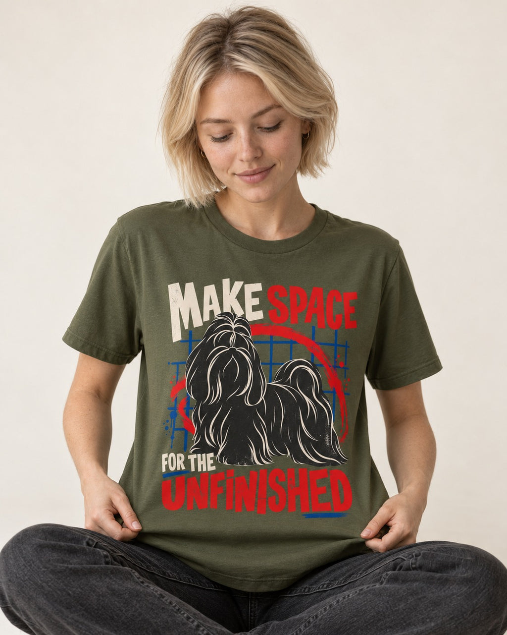 Shih Tzu Make Space for the Unfinished Abstract Circle Graphic T-Shirt in Heather Military Green, worn by a seated model
