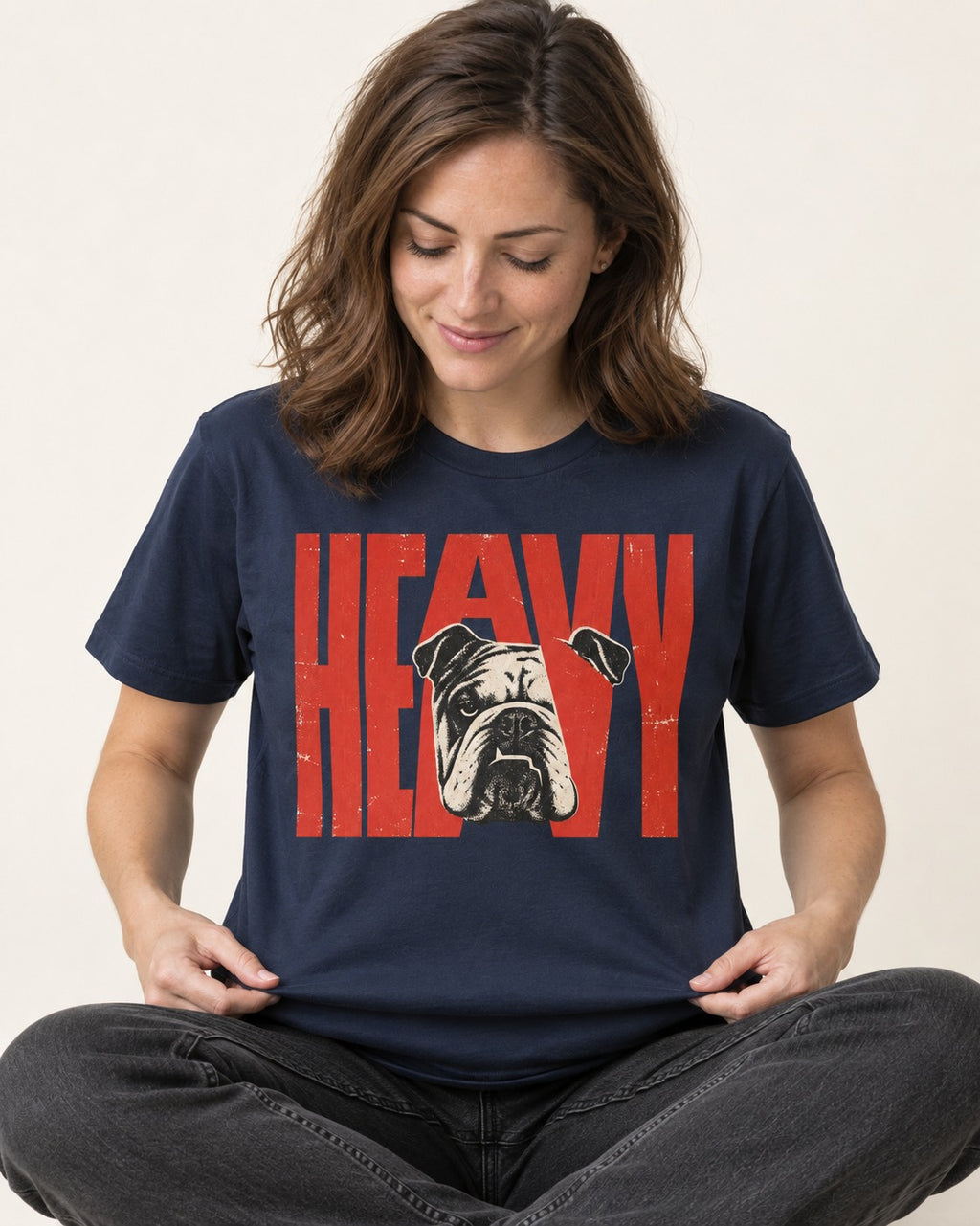 English Bulldog Heavy Stacked Portrait Graphic T-Shirt in Navy, worn by a seated model