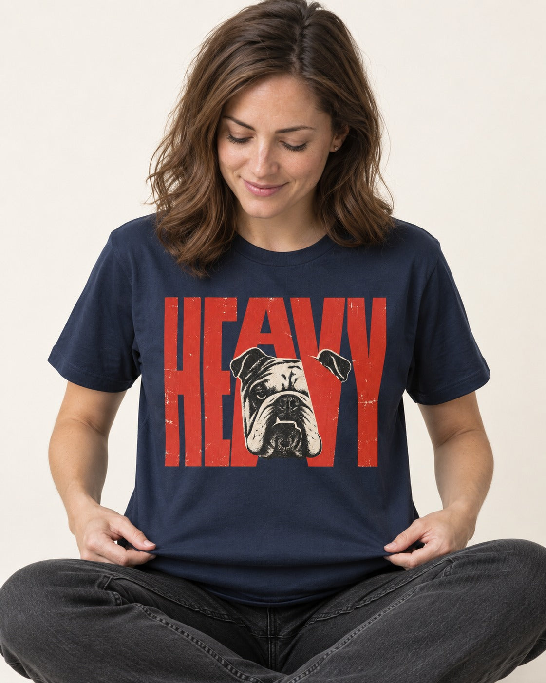 English Bulldog Heavy Stacked Portrait Graphic T-Shirt in Navy, worn by a seated model