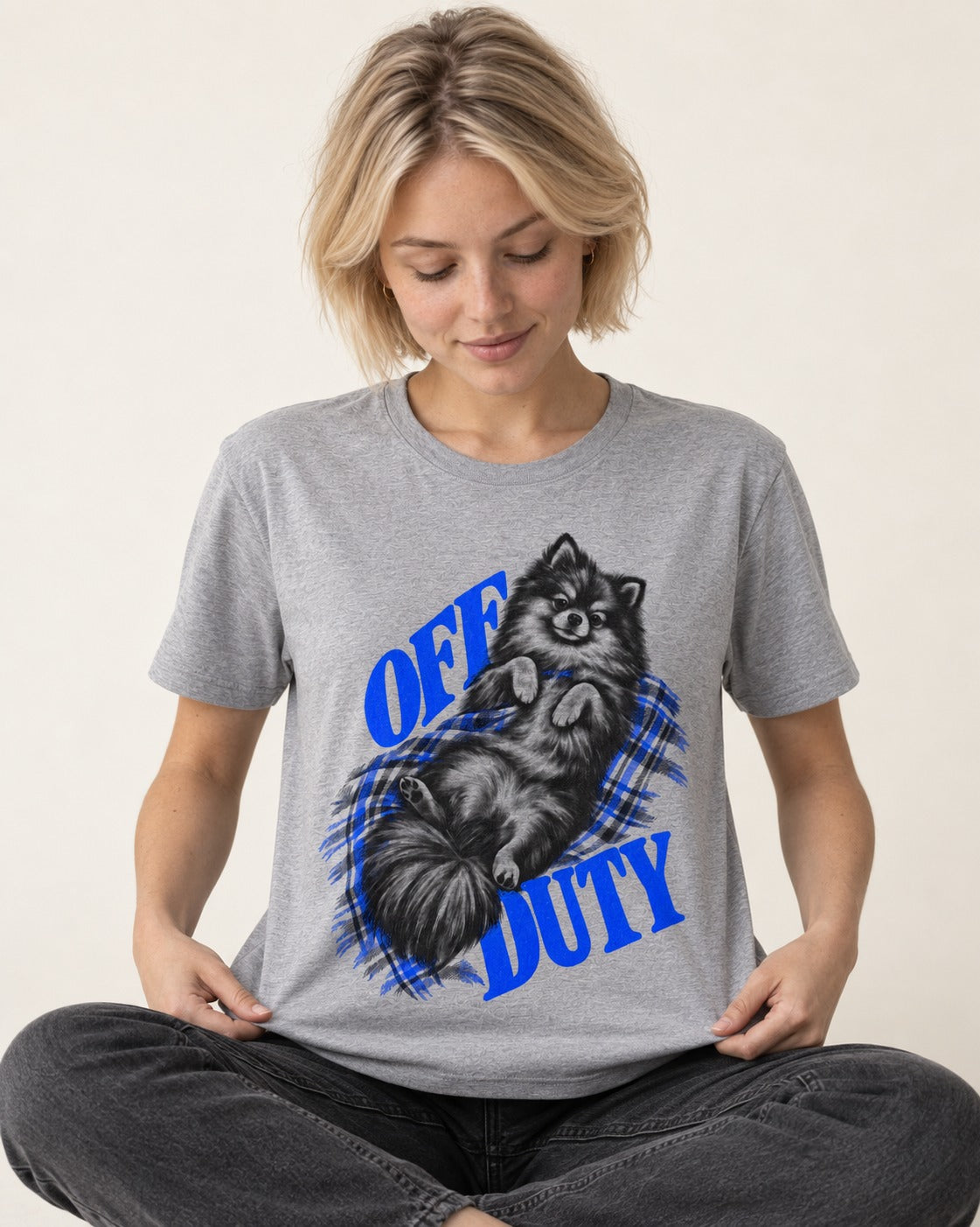 Off Duty Pomeranian T-Shirt in Sport Grey, worn by a seated model