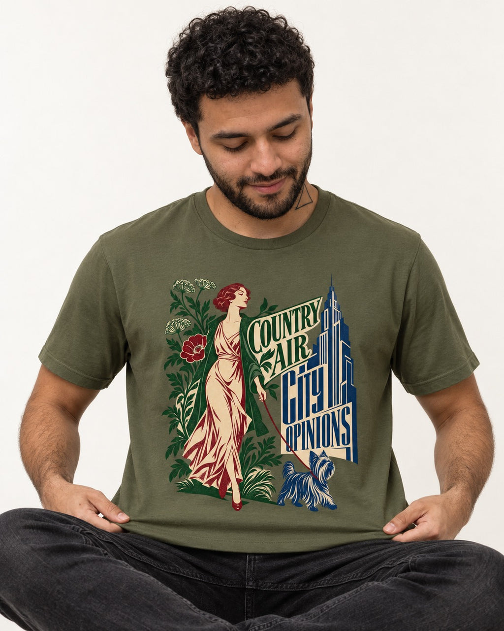 Yorkshire Terrier Country Air City Opinions Botanical Graphic T-Shirt in Heather Military Green, worn by a seated model