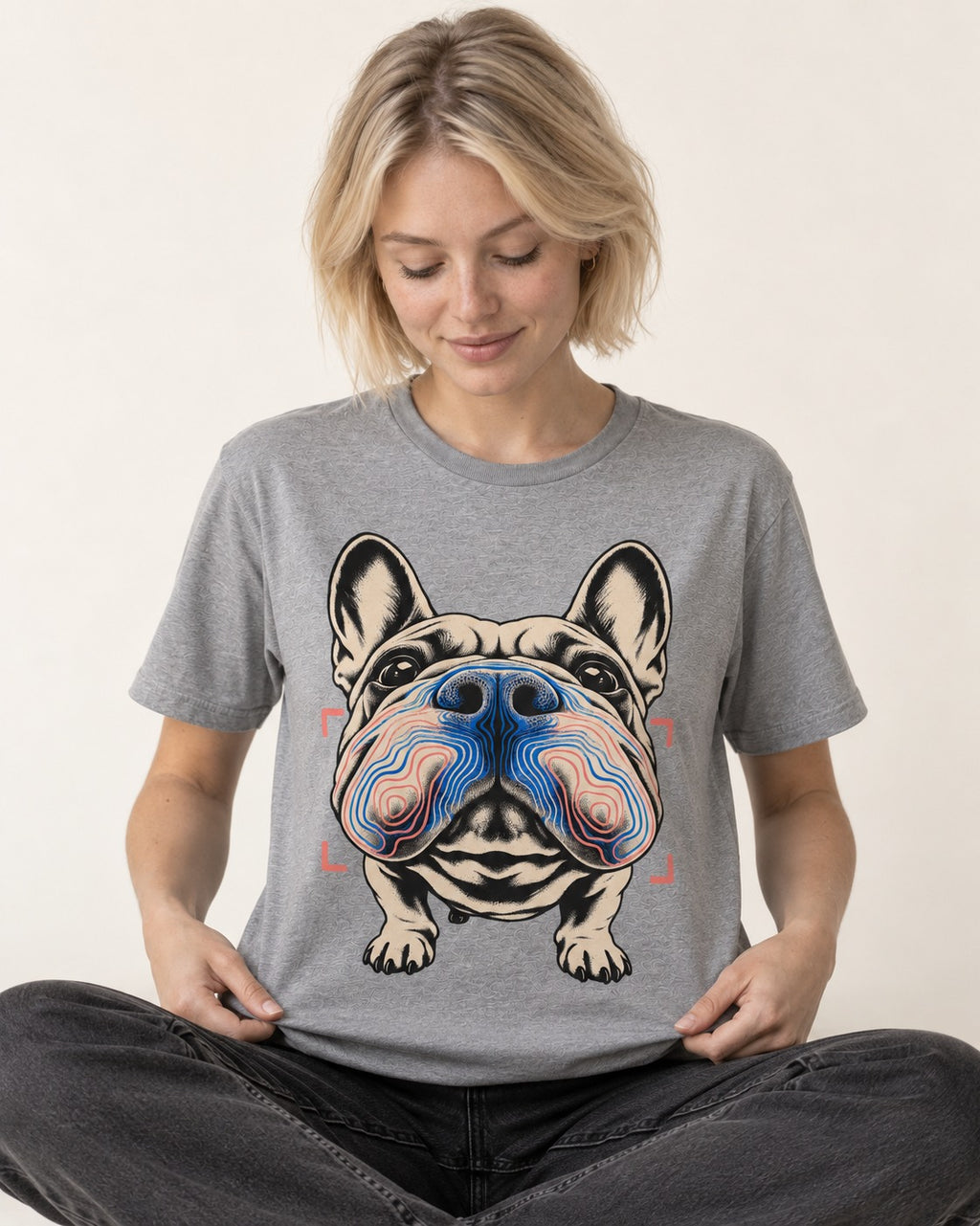 Frenchie Nose Topography Graphic T-Shirt in Sport Grey, worn by a seated model