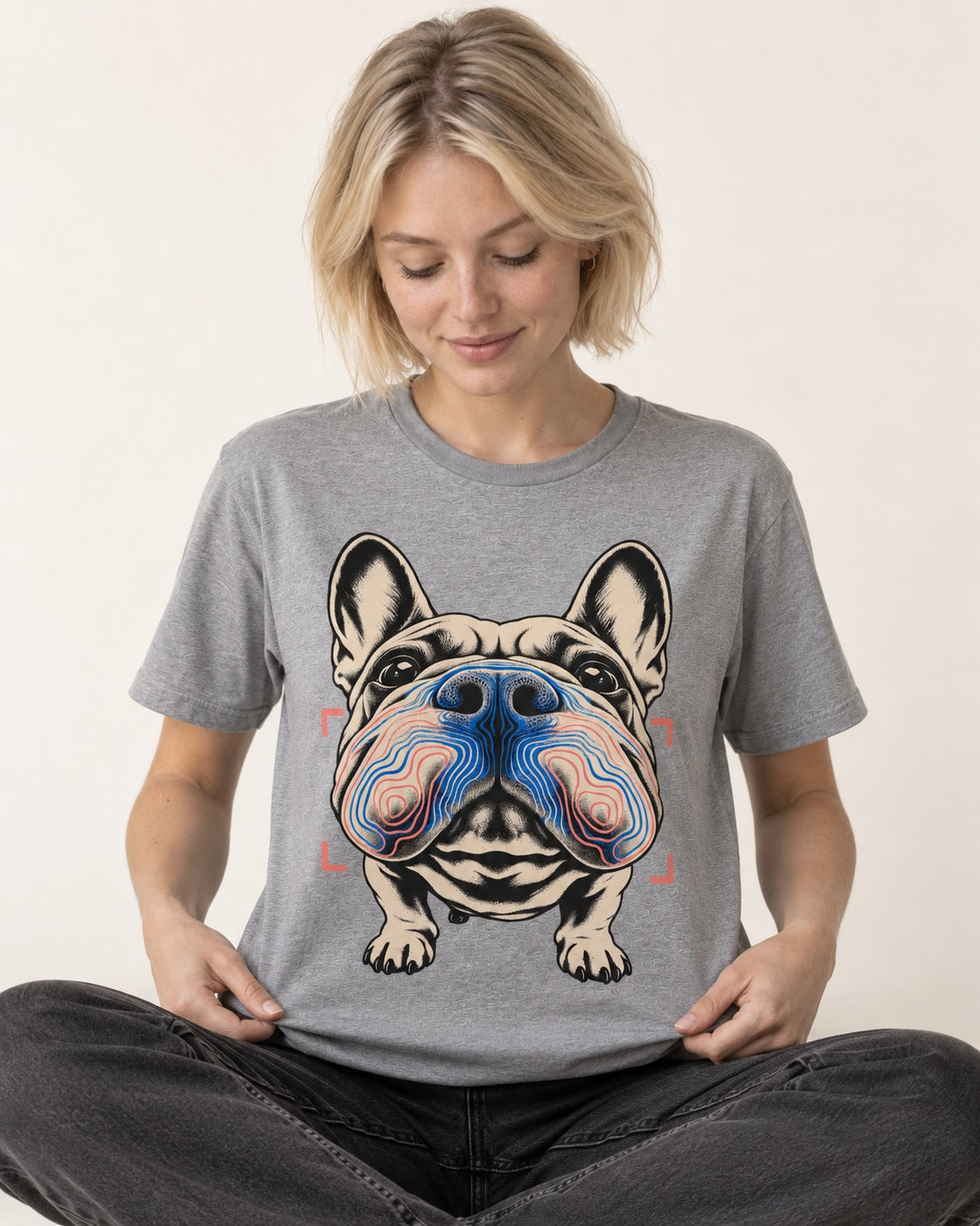 Frenchie Nose Topography Graphic T-Shirt in Sport Grey, worn by a seated model