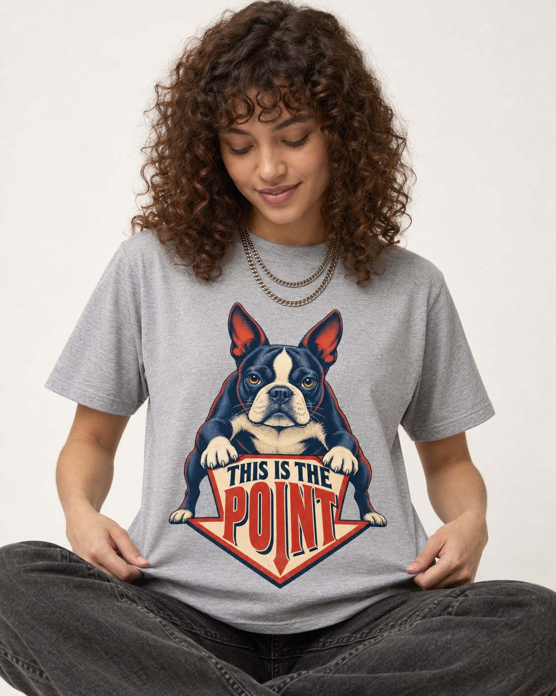 Boston Terrier Is the Point T-Shirt in Sport Grey, worn by a seated model