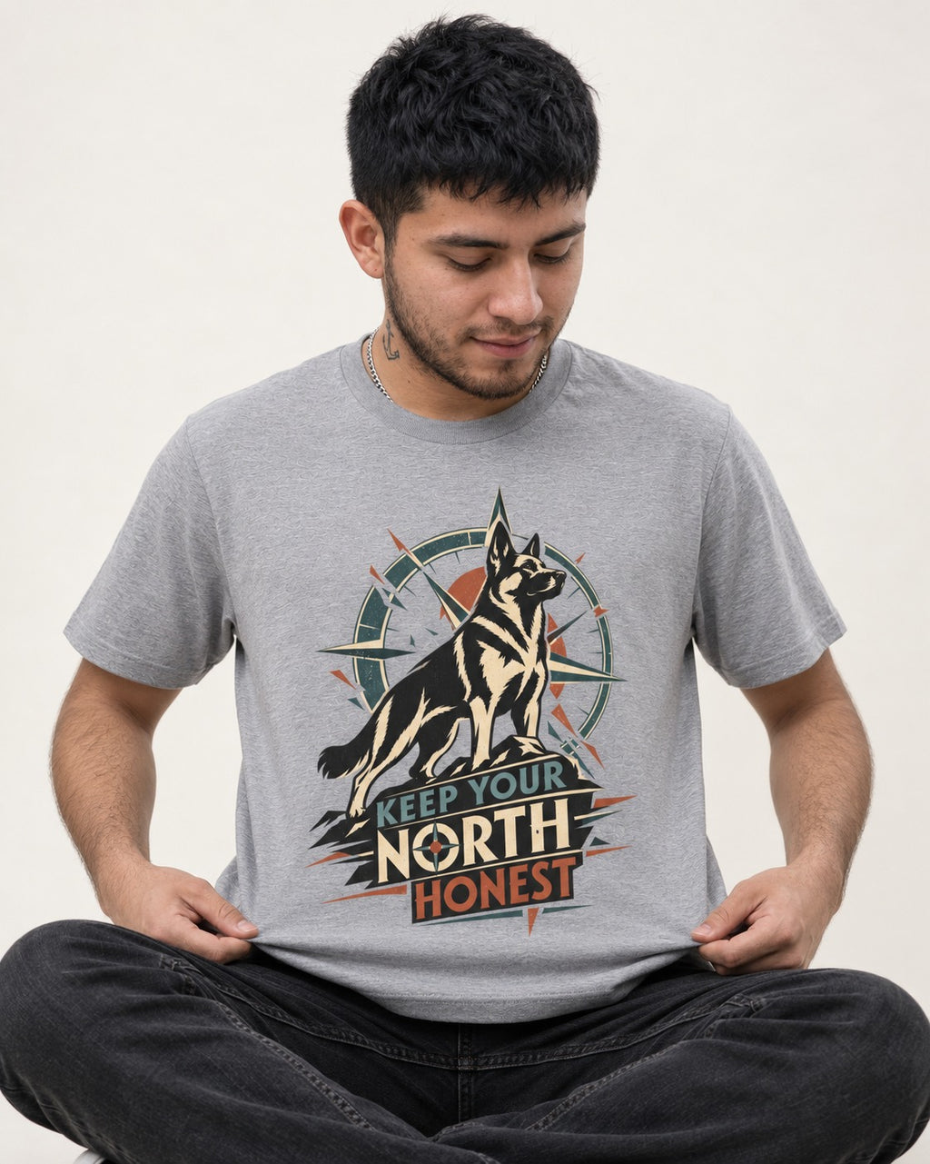 Keep Your North Honest Compass German Shepherd Dog Graphic T-Shirt in Sport Grey, worn by a seated model