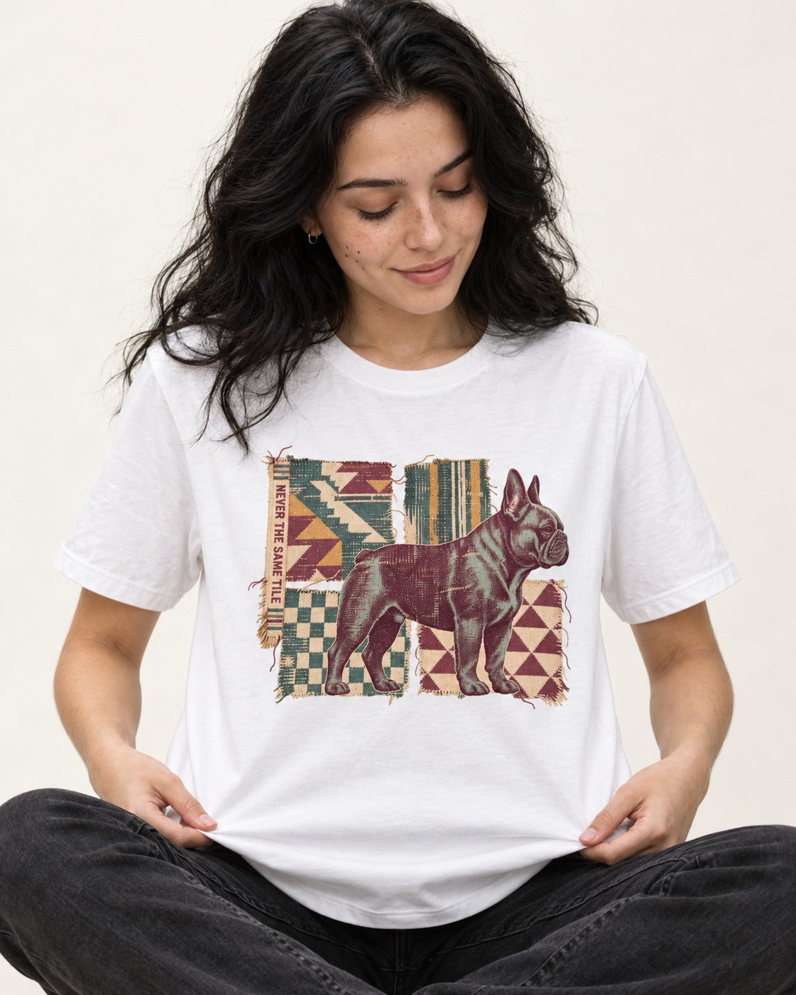 Frenchie Never the Same Tile Textile Graphic T-Shirt in White, worn by a seated model