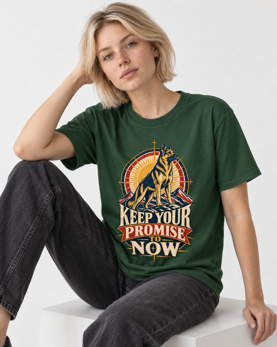 Keep Your Promise To Now Sunrise German Shepherd Dog Graphic T-Shirt in Forest Green, worn by a seated model