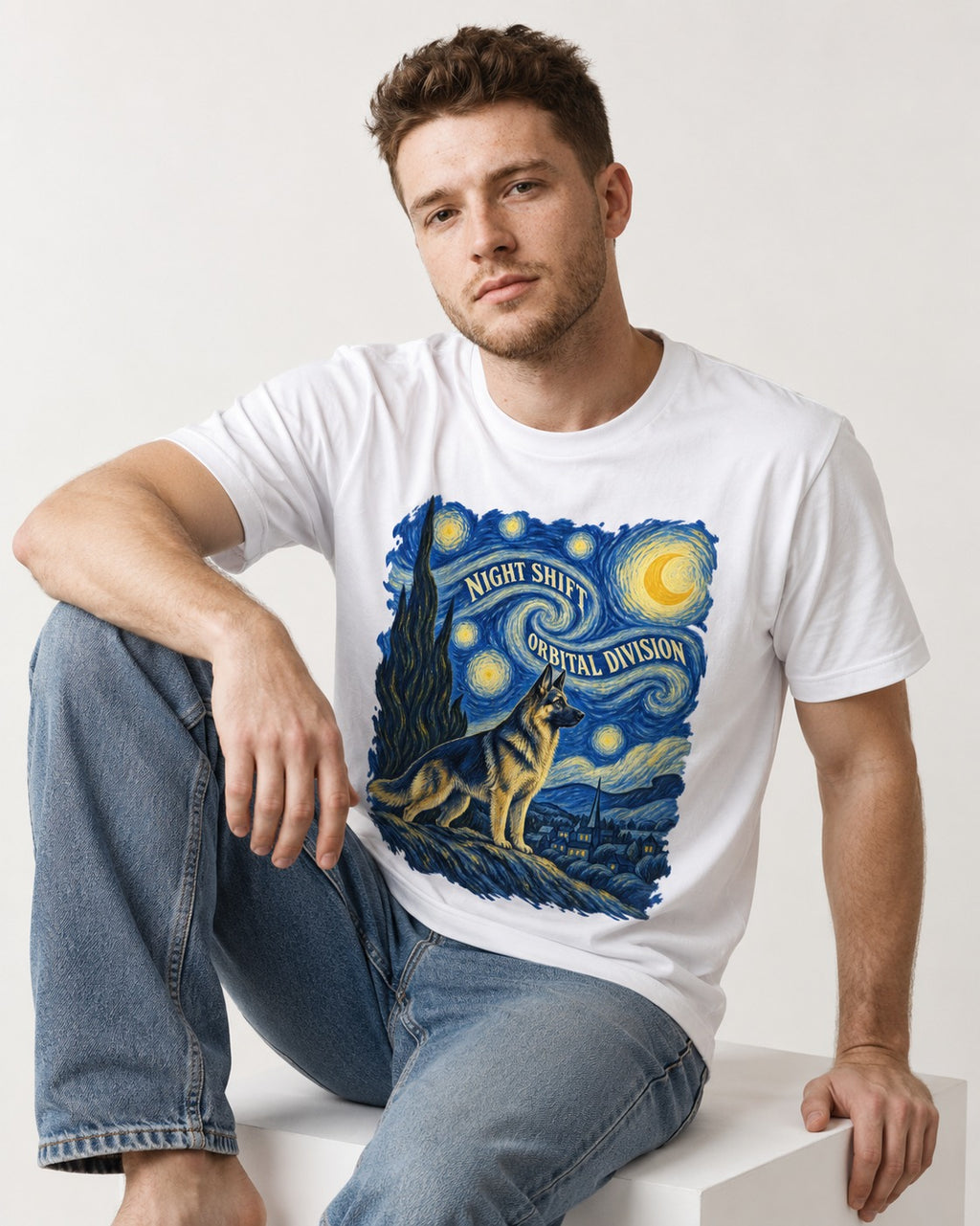 German Shepherd Dog Night Shift Orbital Division Starry Night T-Shirt in White, worn by a seated model