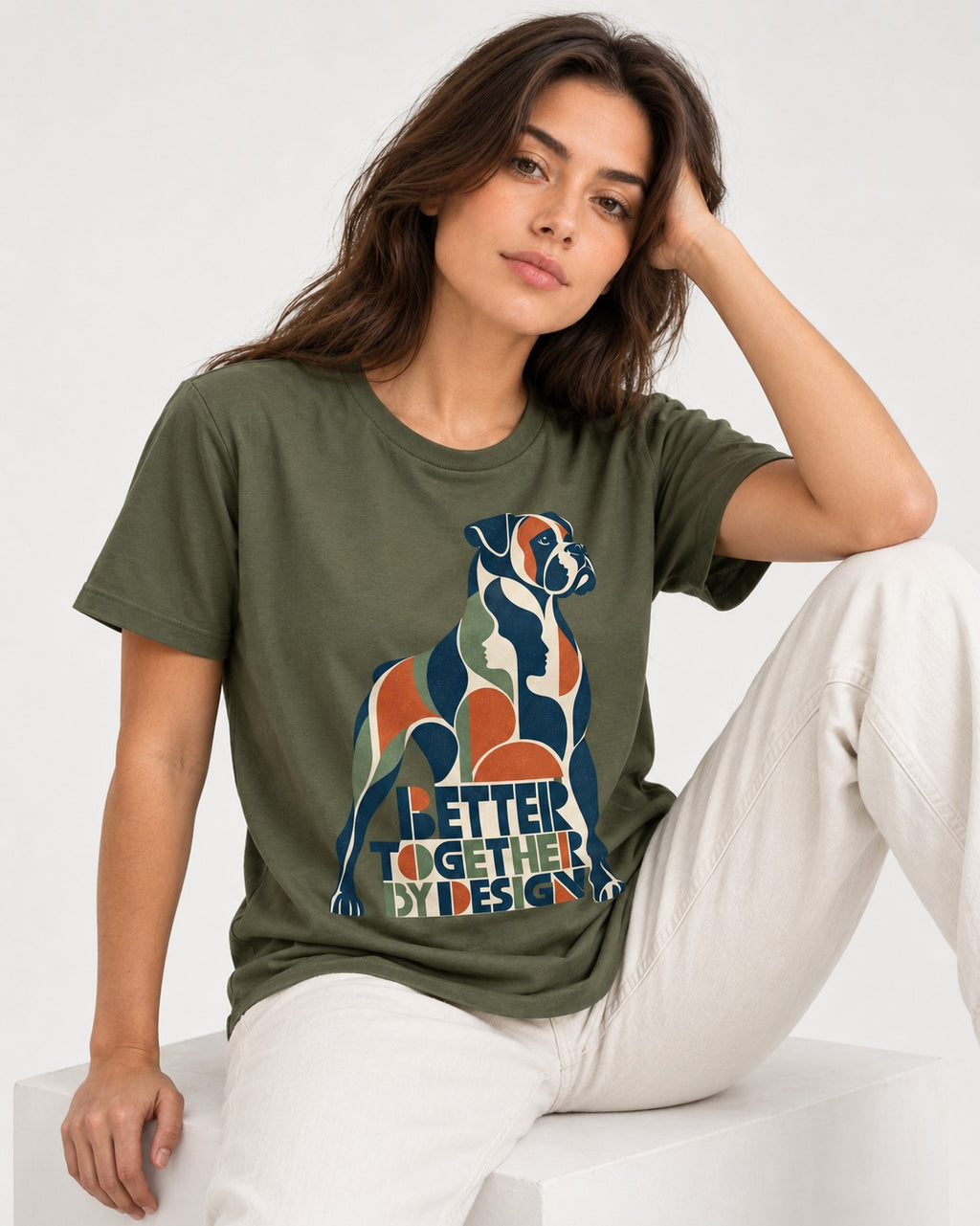 Better Together By Design Boxer Geometric Mosaic T-Shirt in Heather Military Green, worn by a seated model