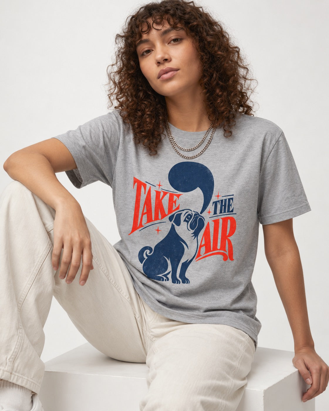 Pug Take the Air T-Shirt in Sport Grey, worn by a seated model