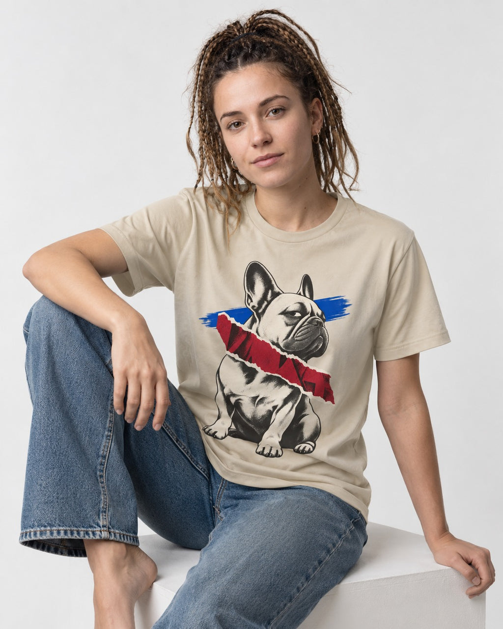 Frenchie Punk T-Shirt in Sand, worn by a seated model