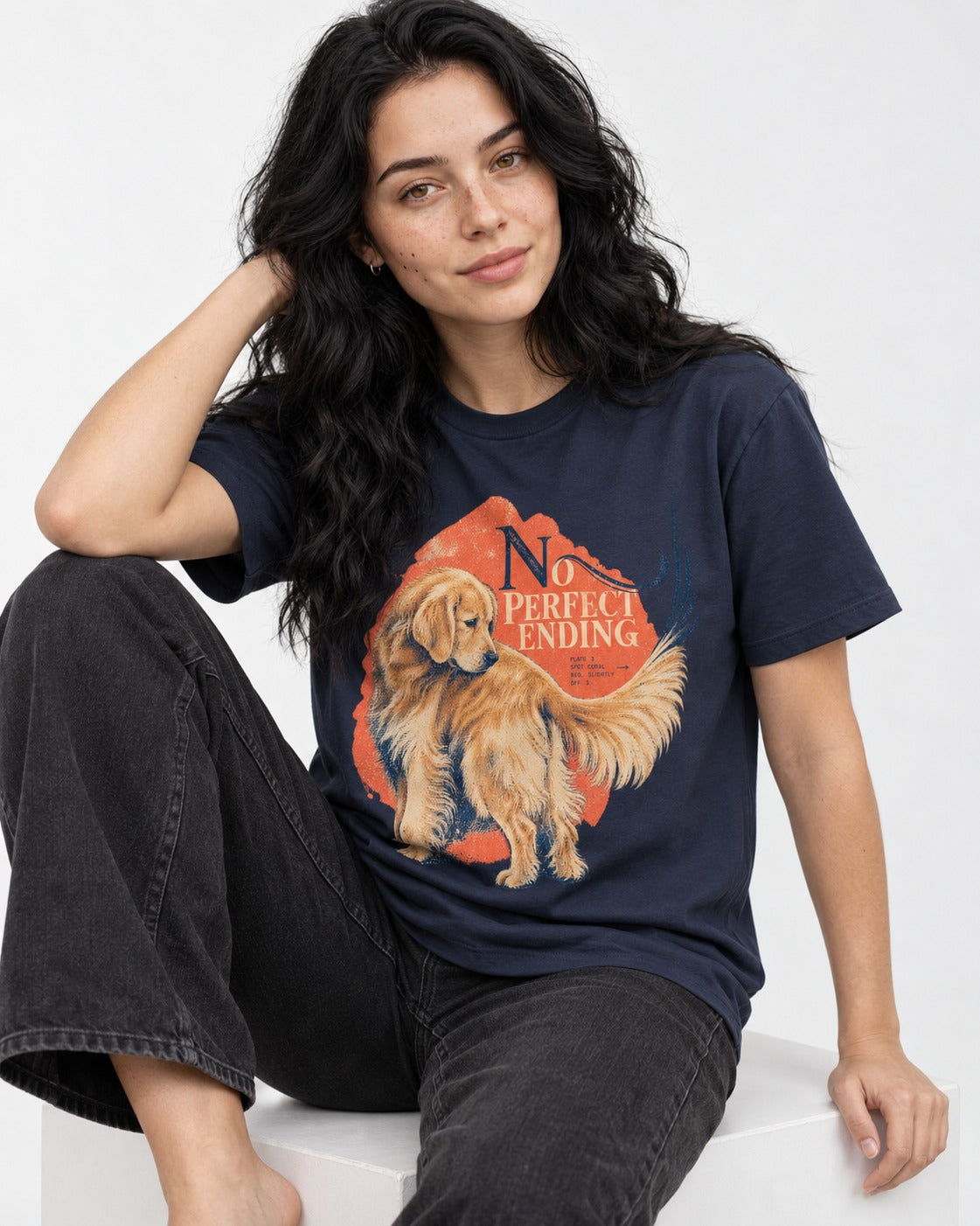 Golden Retriever No Perfect Ending Misregistration Graphic T-Shirt in Navy, worn by a seated model