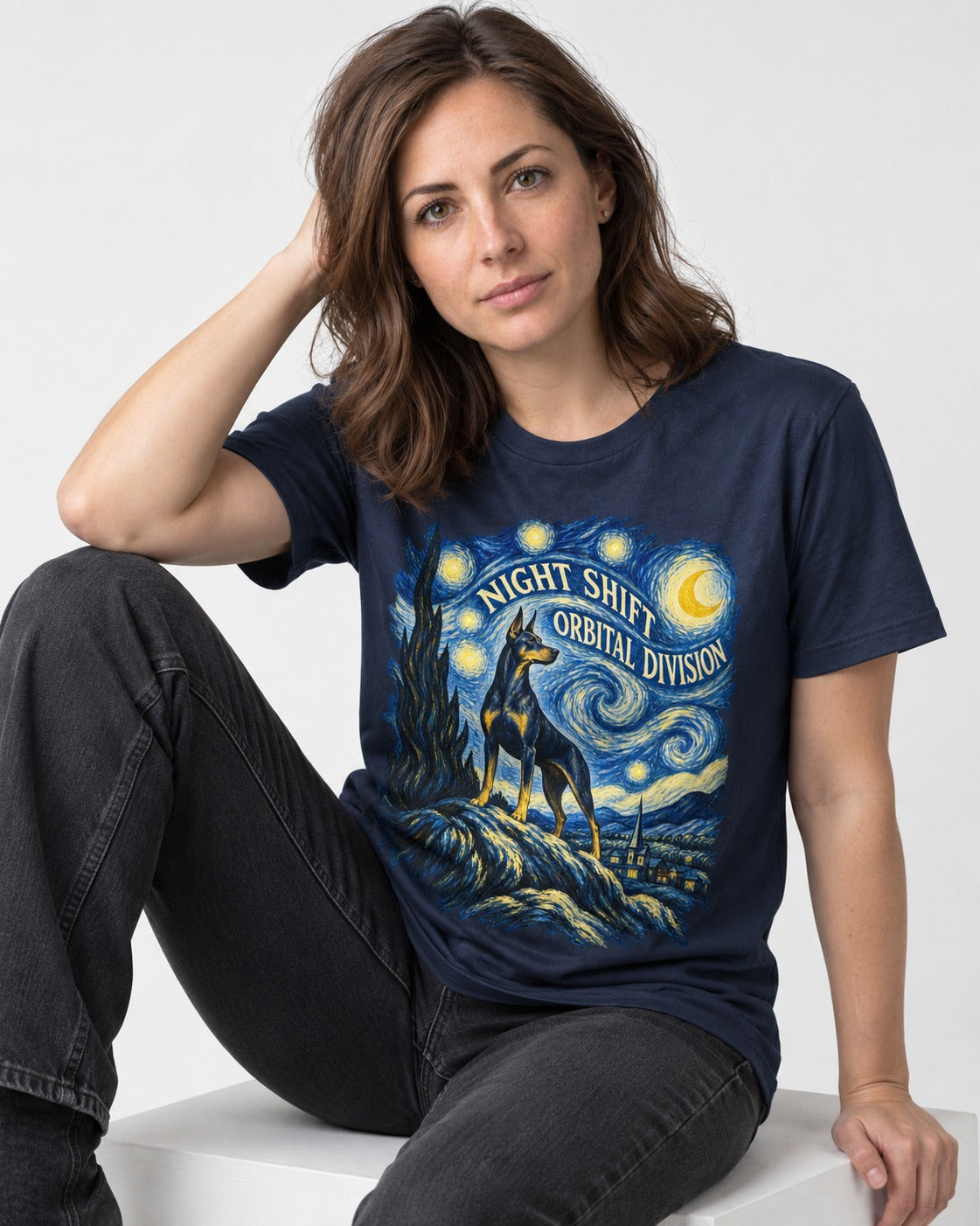 Doberman Night Shift Orbital Division Starry Night Graphic T-Shirt in Navy, worn by a seated model