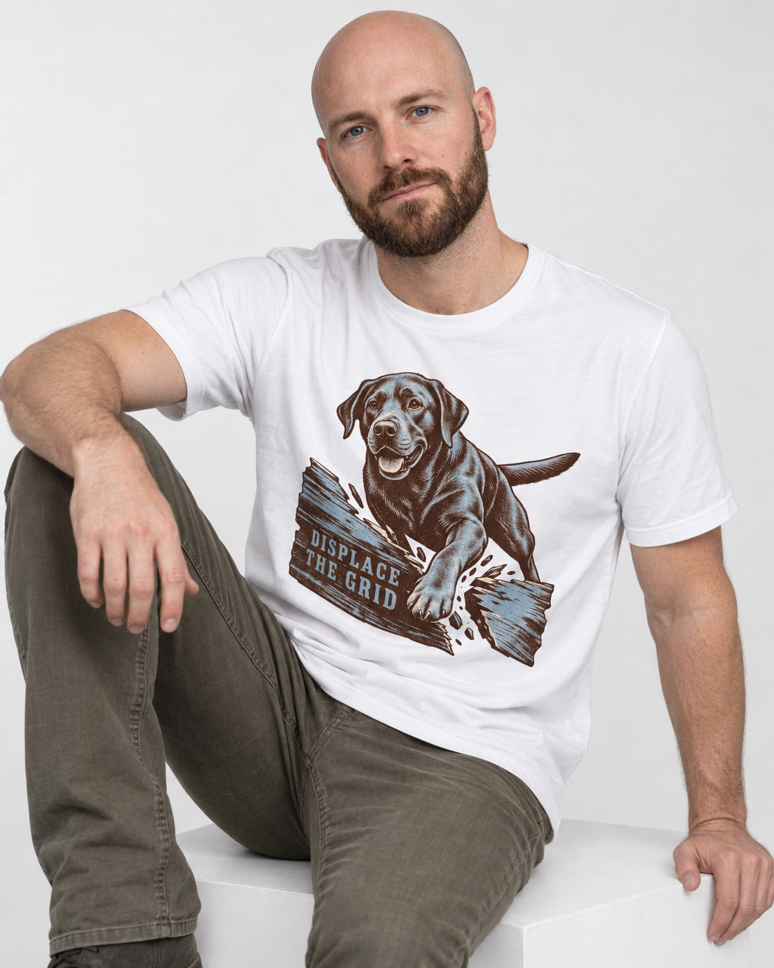 Labrador Retriever Displace the Grid Breaking Plank Graphic T-Shirt in White, worn by a seated model