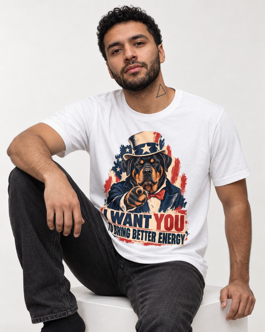 Rottweiler I Want You to Bring Better Energy Recruitment Poster Graphic T-Shirt in White, worn by a seated model