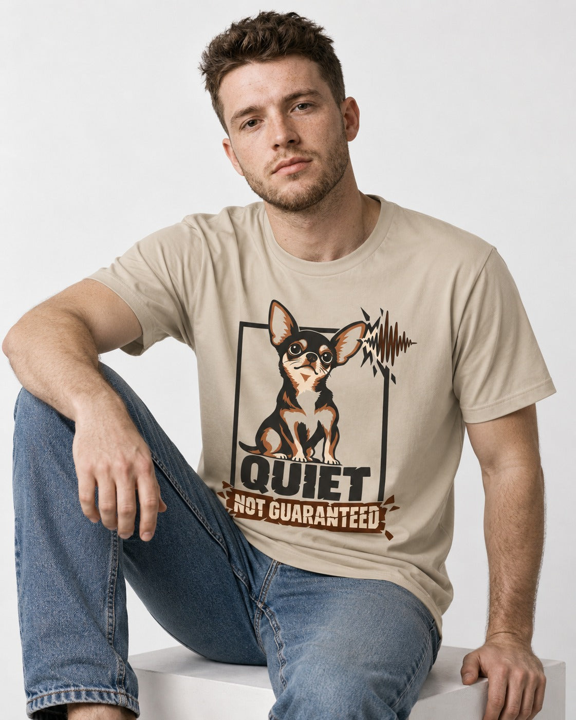 Chihuahua Quiet Not Guaranteed Framed Portrait Graphic T-Shirt in Sand, worn by a seated model