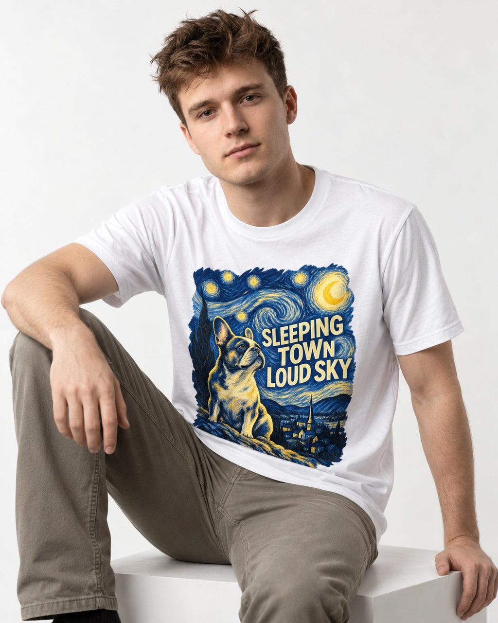 Frenchie Sleeping Town Loud Sky Graphic T-Shirt in White, worn by a seated model