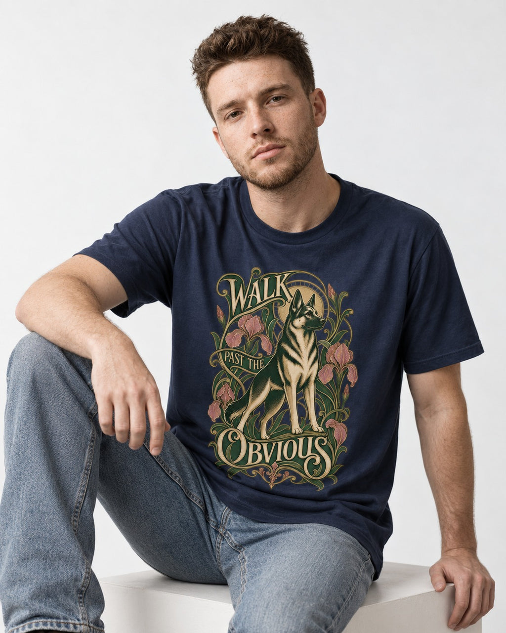 Walk Past The Obvious Art Nouveau German Shepherd Dog Graphic T-Shirt in Navy, worn by a seated model