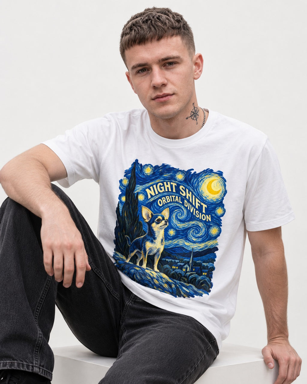 Chihuahua Night Shift Orbital Division Starry Night Graphic T-Shirt in White, worn by a seated model