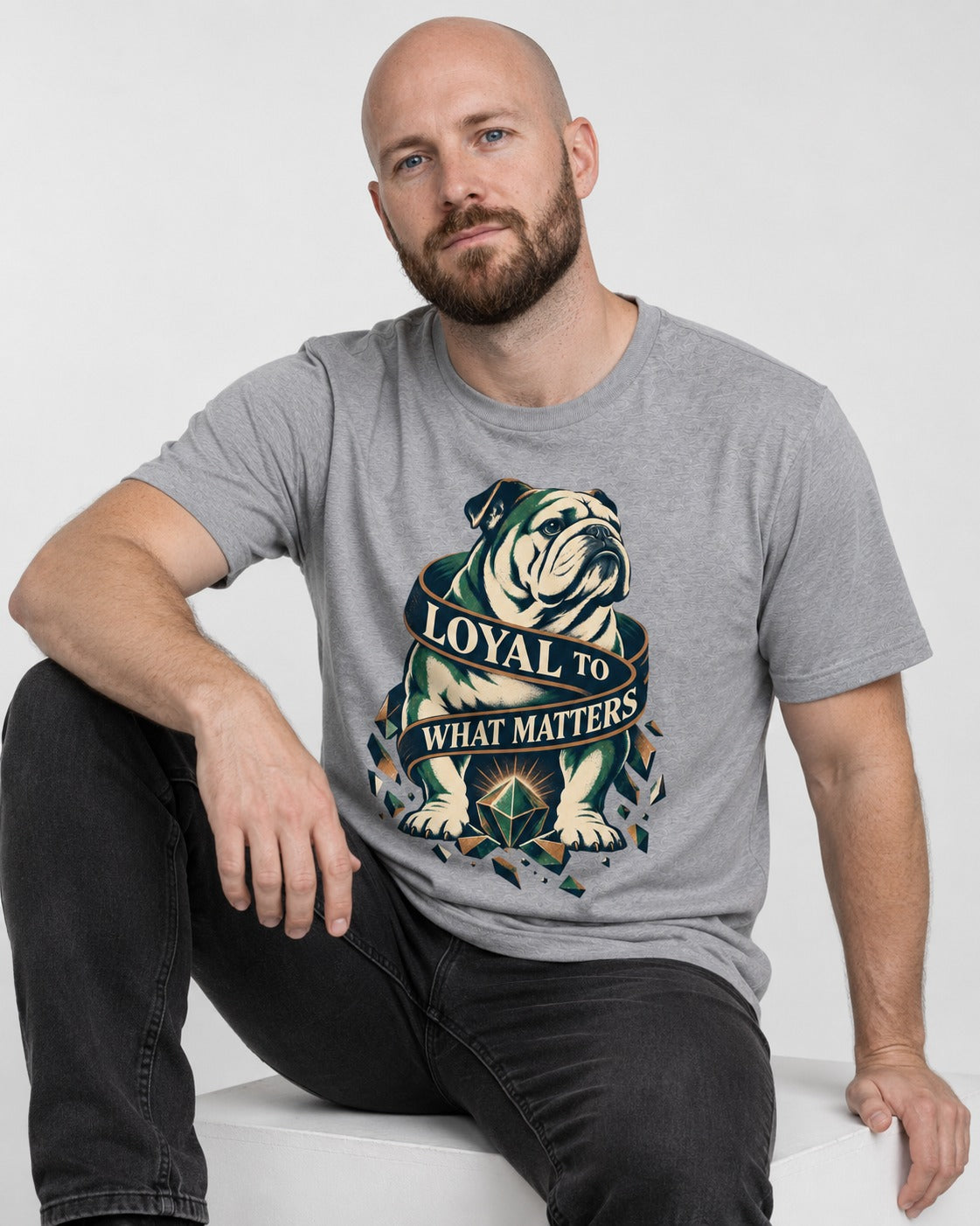 Loyal to What Matters English Bulldog T-Shirt in Sport Grey, worn by a seated model