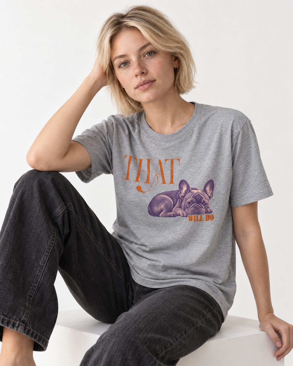 Frenchie That Will Do Resting Graphic T-Shirt in Sport Grey, worn by a seated model