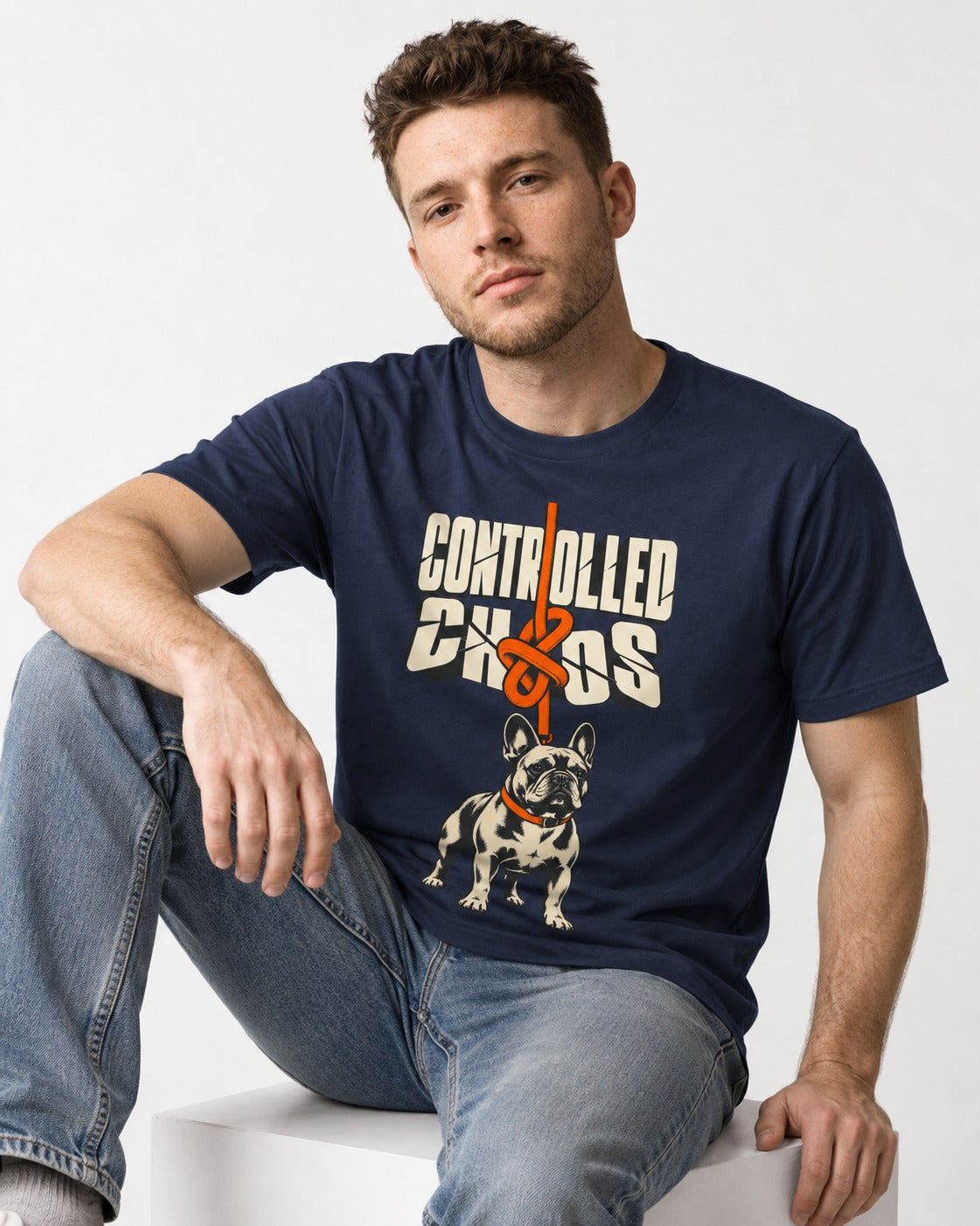 Frenchie Controlled Chaos Leash Knot Graphic T-Shirt in Navy, worn by a seated model