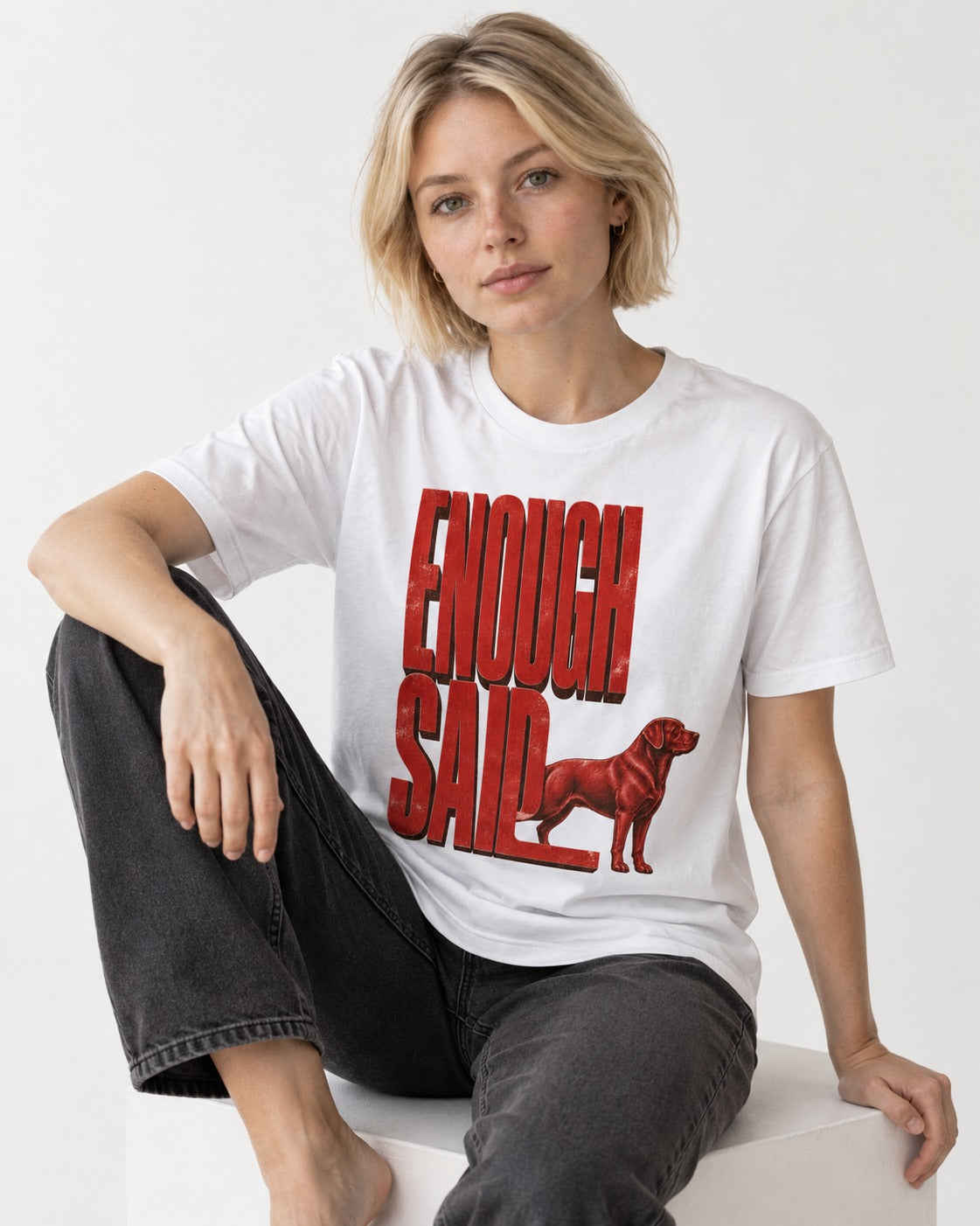 Labrador Retriever Enough Said Standing Typography Graphic T-Shirt in White, worn by a seated model
