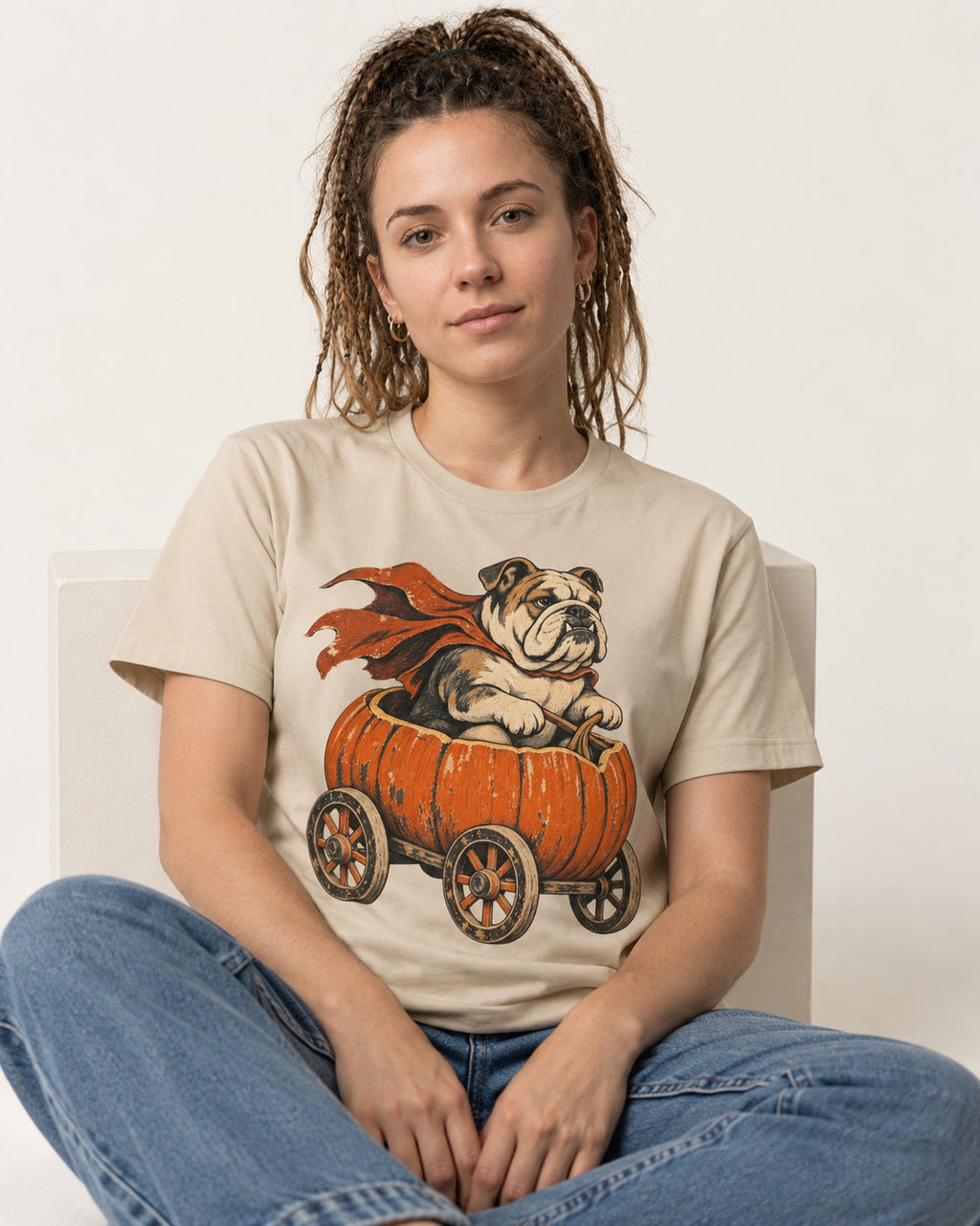 English Bulldog Midnight Magic T-Shirt in Sand, worn by a seated model
