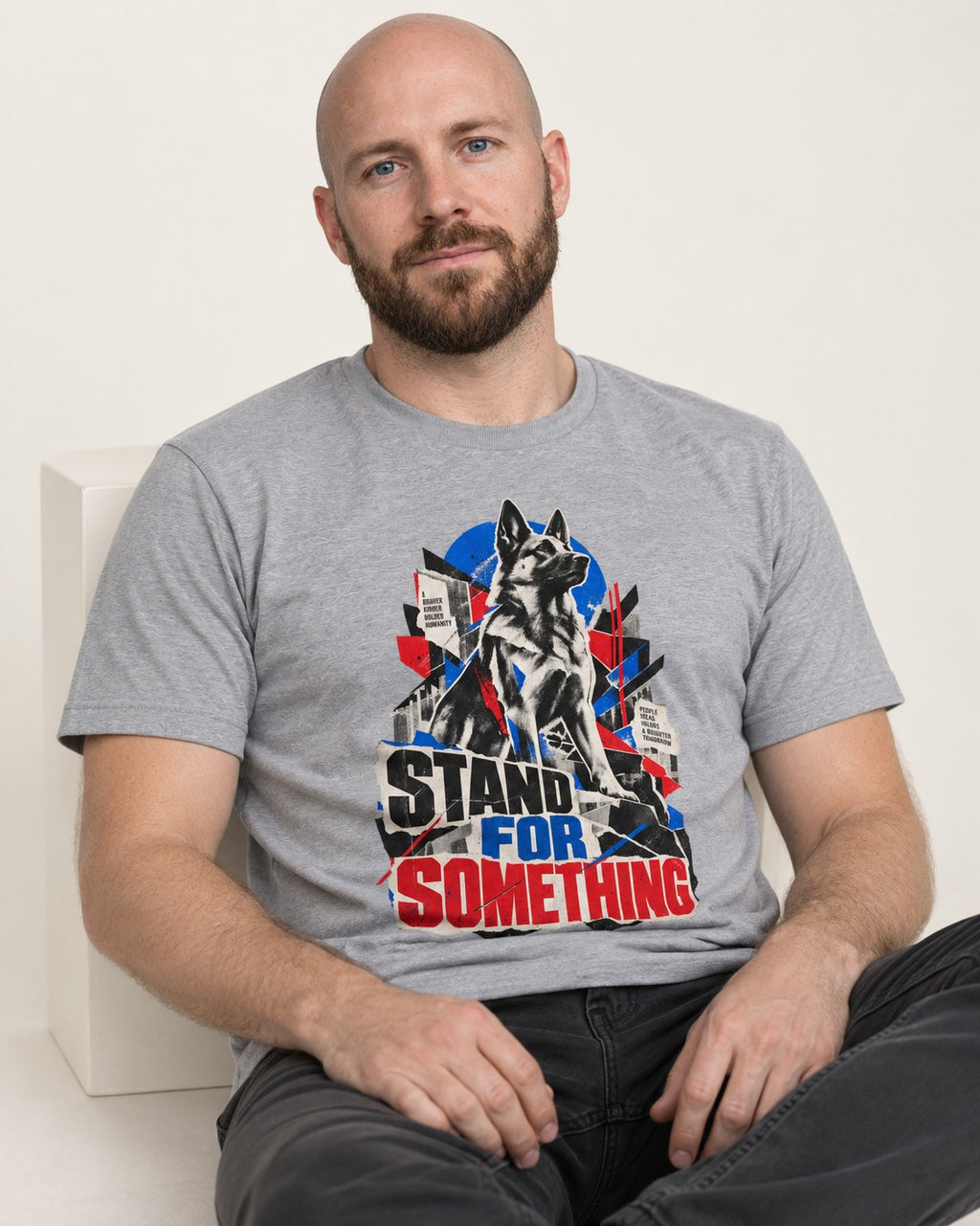 Stand For Something Brutalist Collage German Shepherd Dog Graphic T-Shirt in Sport Grey, worn by a seated model