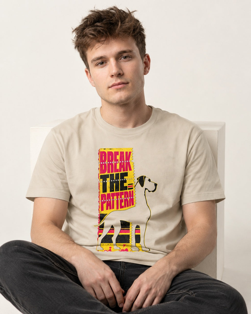 Great Dane Break the Pattern T-Shirt in Sand, worn by a seated model