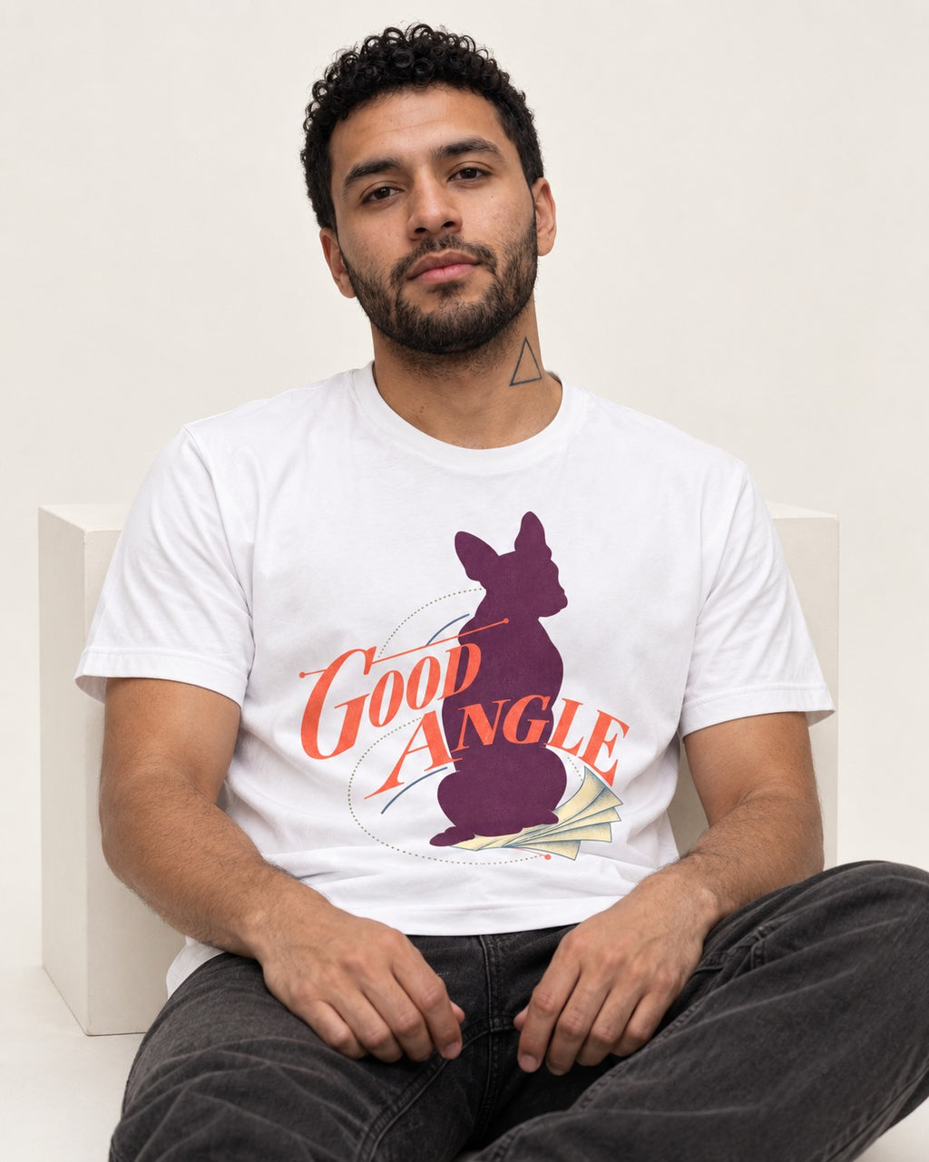 Good Angle Boston Terrier Paper Graphic T-Shirt in White, worn by a seated model