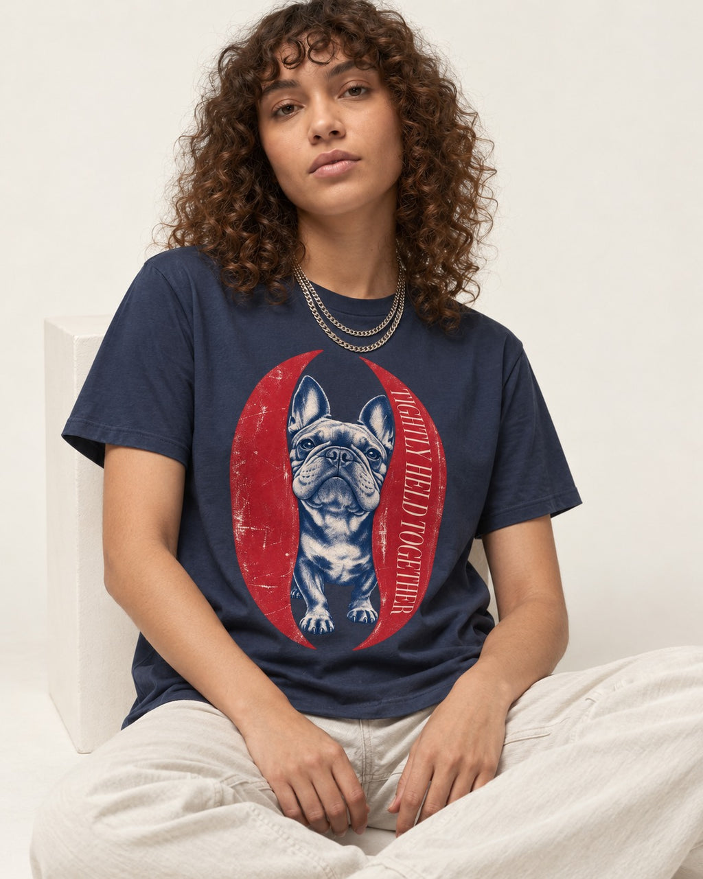 Frenchie Tightly Held Together Red Oval Graphic T-Shirt in Navy, worn by a seated model