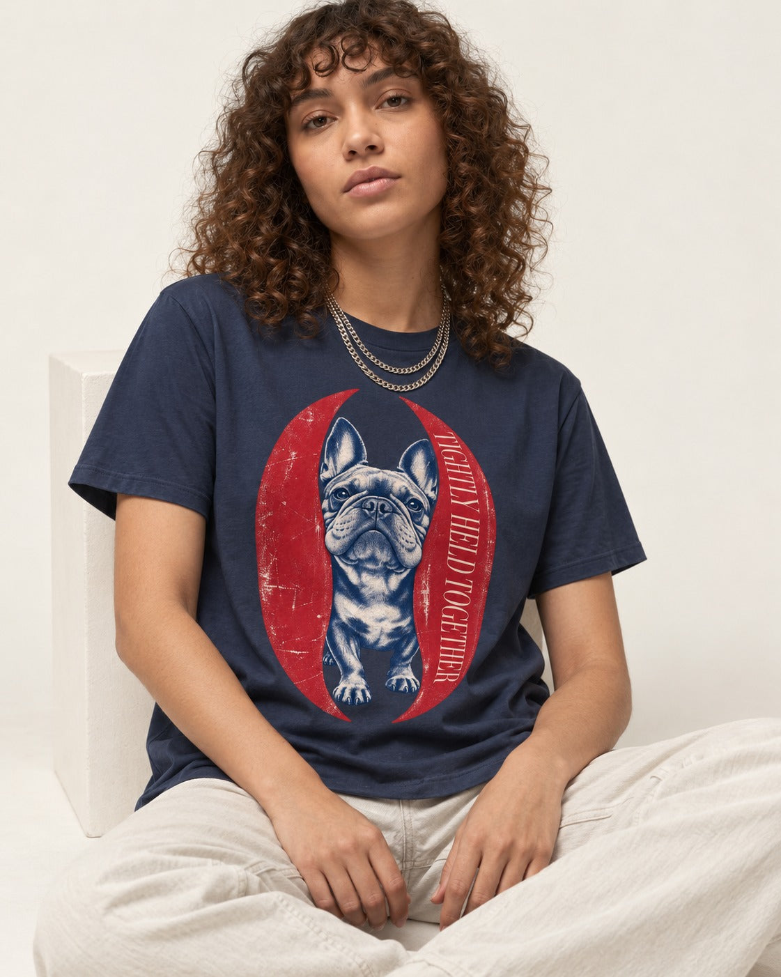 Frenchie Tightly Held Together Red Oval Graphic T-Shirt in Navy, worn by a seated model