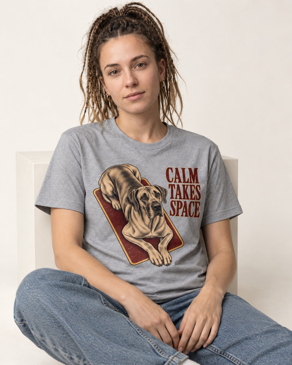 Great Dane Calm Takes Space T-Shirt in Sport Grey, worn by a seated model