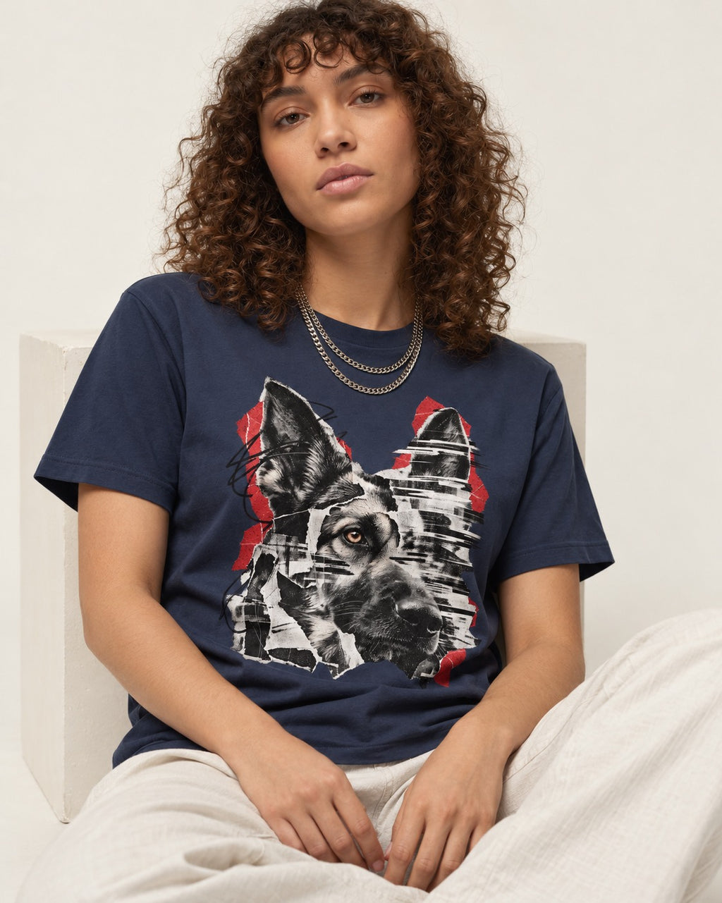 Black Signal Torn Collage German Shepherd Dog Portrait Graphic T-Shirt in Navy, worn by a seated model