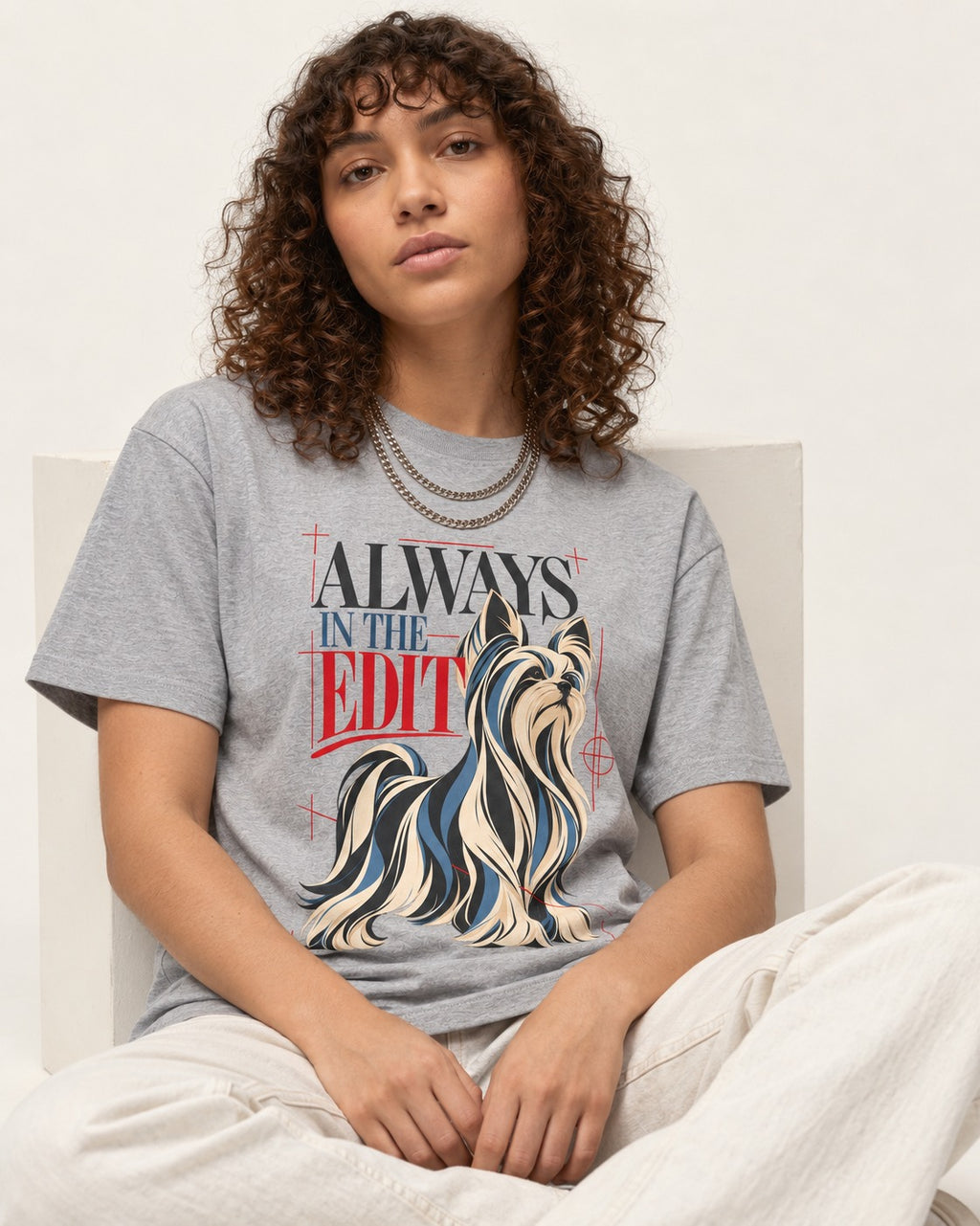 Always in the Edit Yorkshire Terrier T-Shirt in Sport Grey, worn by a seated model