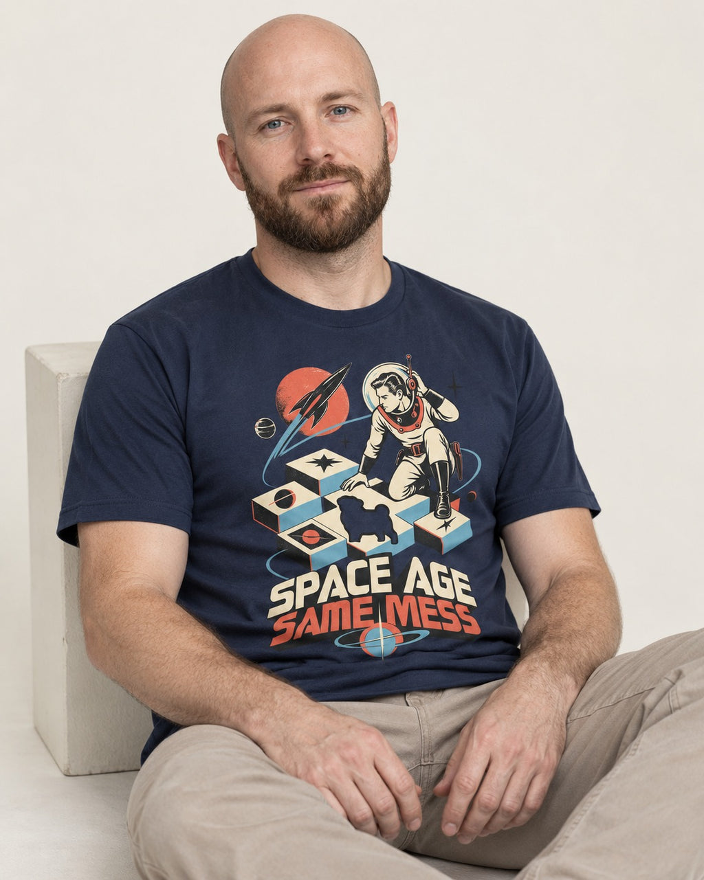 Pug Space Age Same Mess Astronaut Graphic T-Shirt in Navy, worn by a seated model