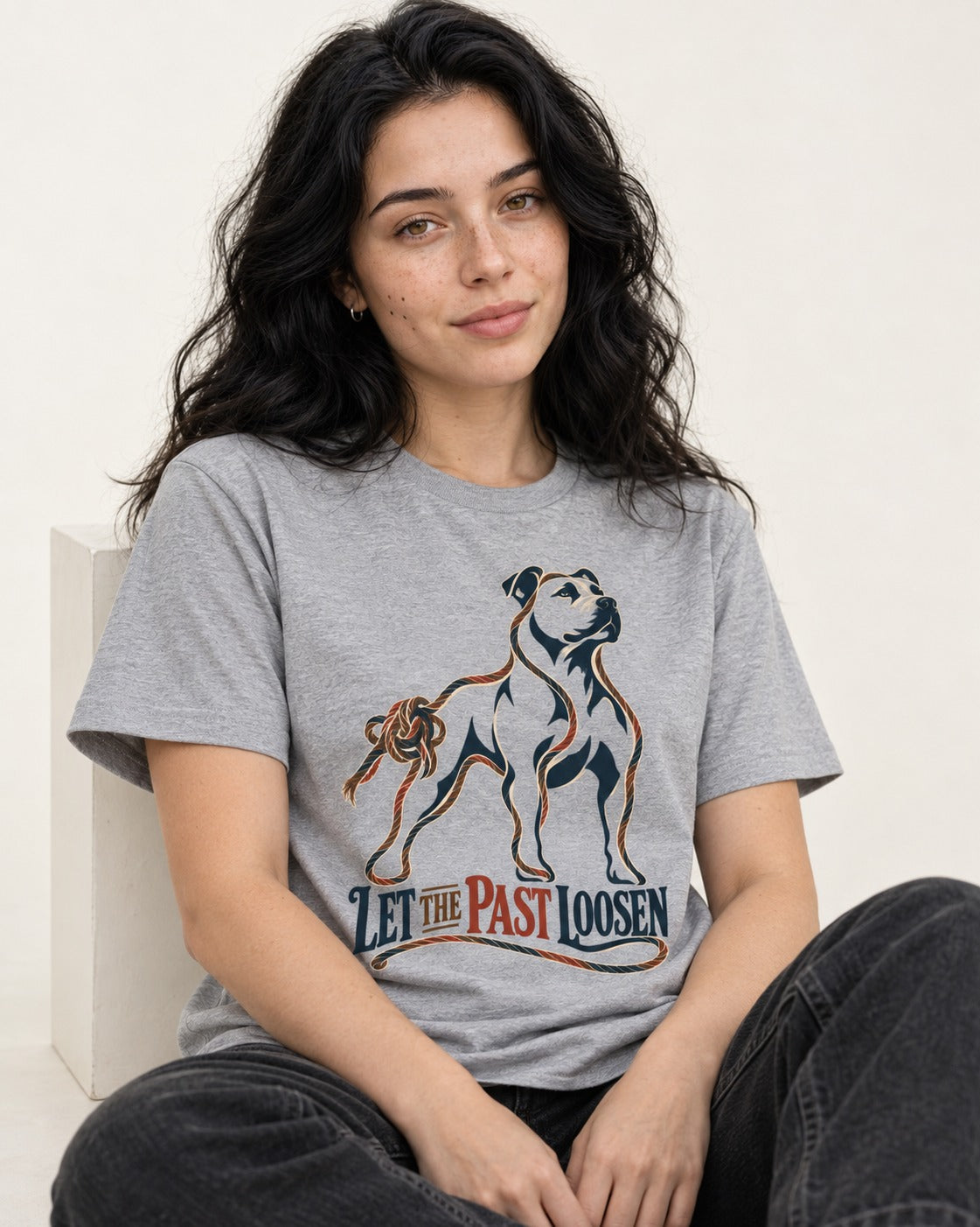 Pitbull Let the Past Loosen T-Shirt in Sport Grey, worn by a seated model