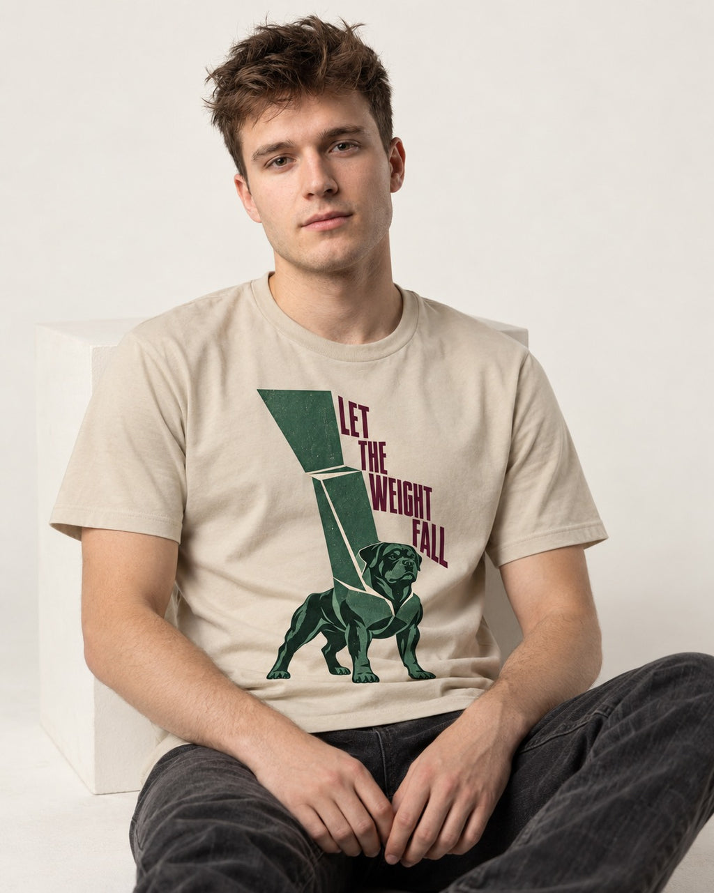 Let the Weight Fall Rottweiler T-Shirt in Sand, worn by a seated model