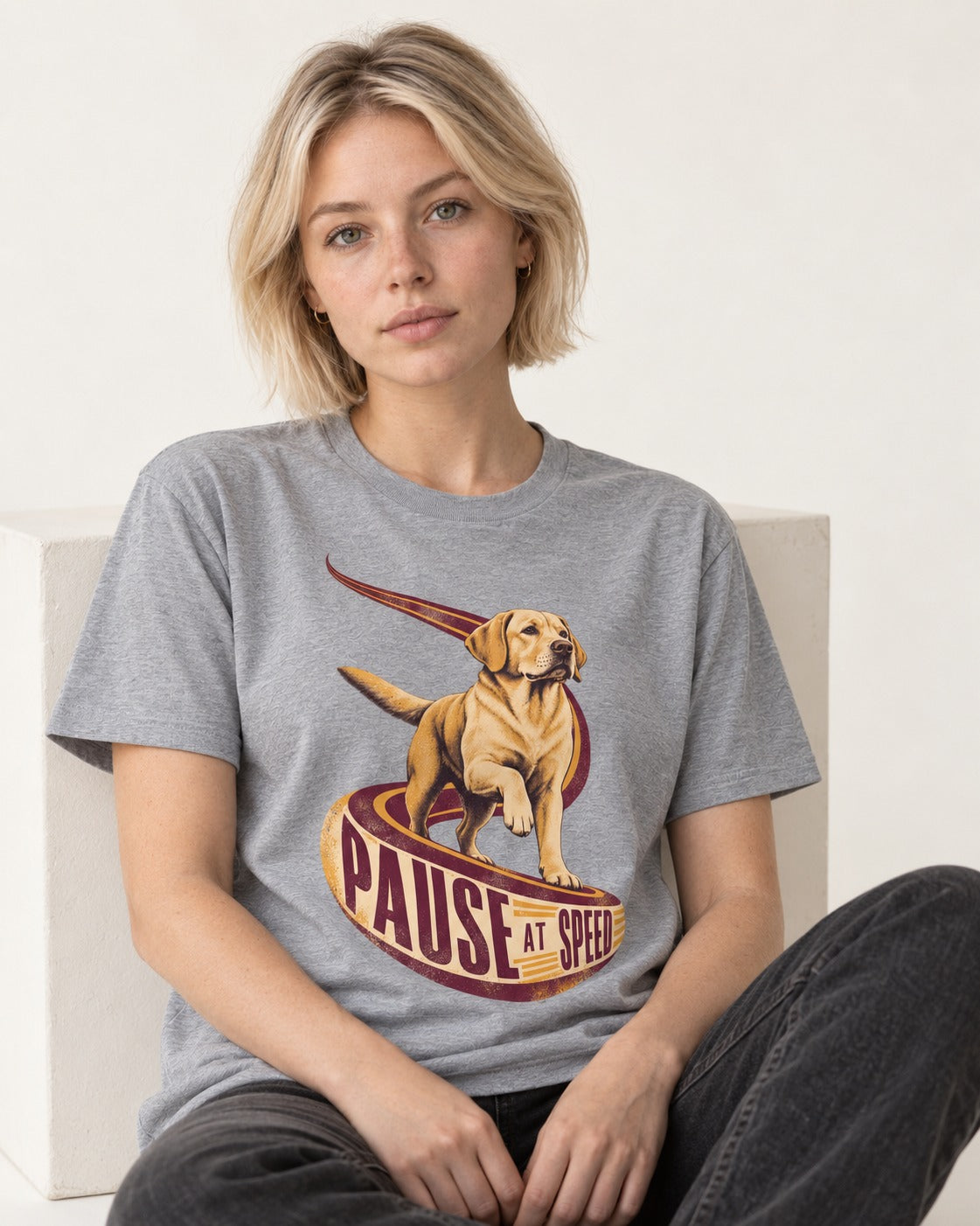 Labrador Retriever Pause at Speed Ribbon Graphic T-Shirt in Sport Grey, worn by a seated model