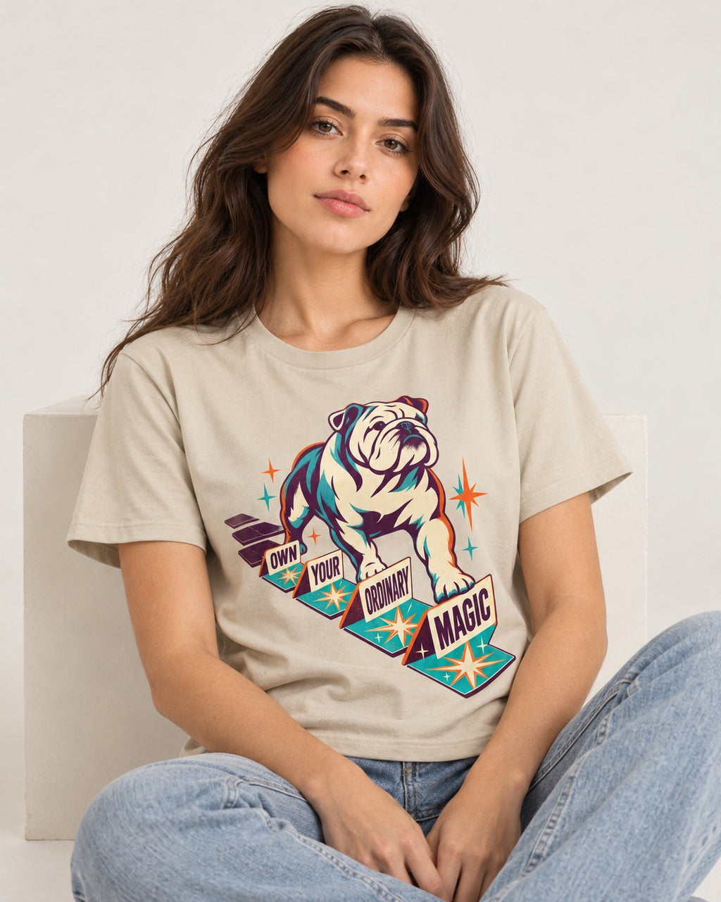 English Bulldog's Ordinary Magic T-Shirt in Sand, worn by a seated model
