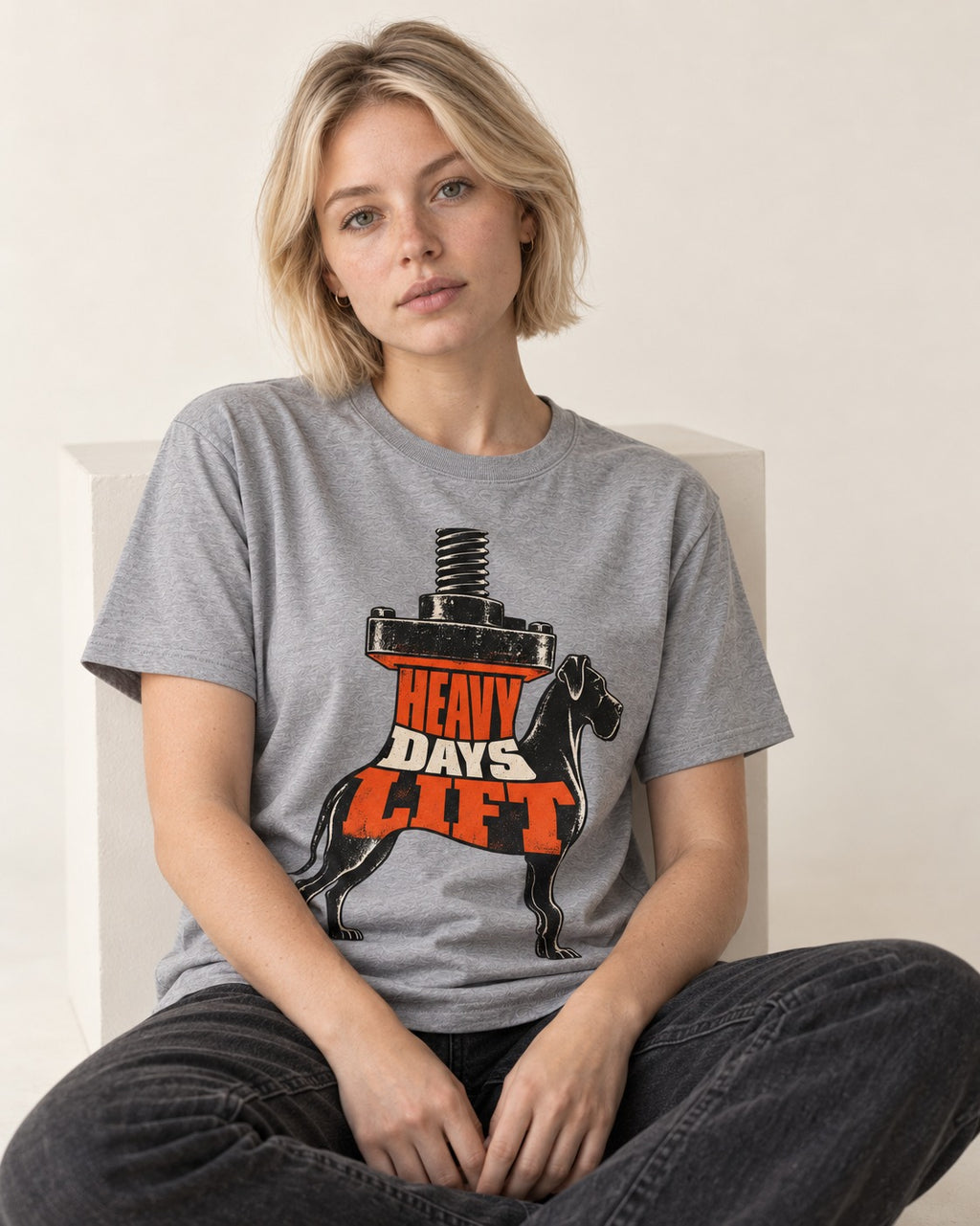 Great Dane Heavy Days Lift T-Shirt in Sport Grey, worn by a seated model