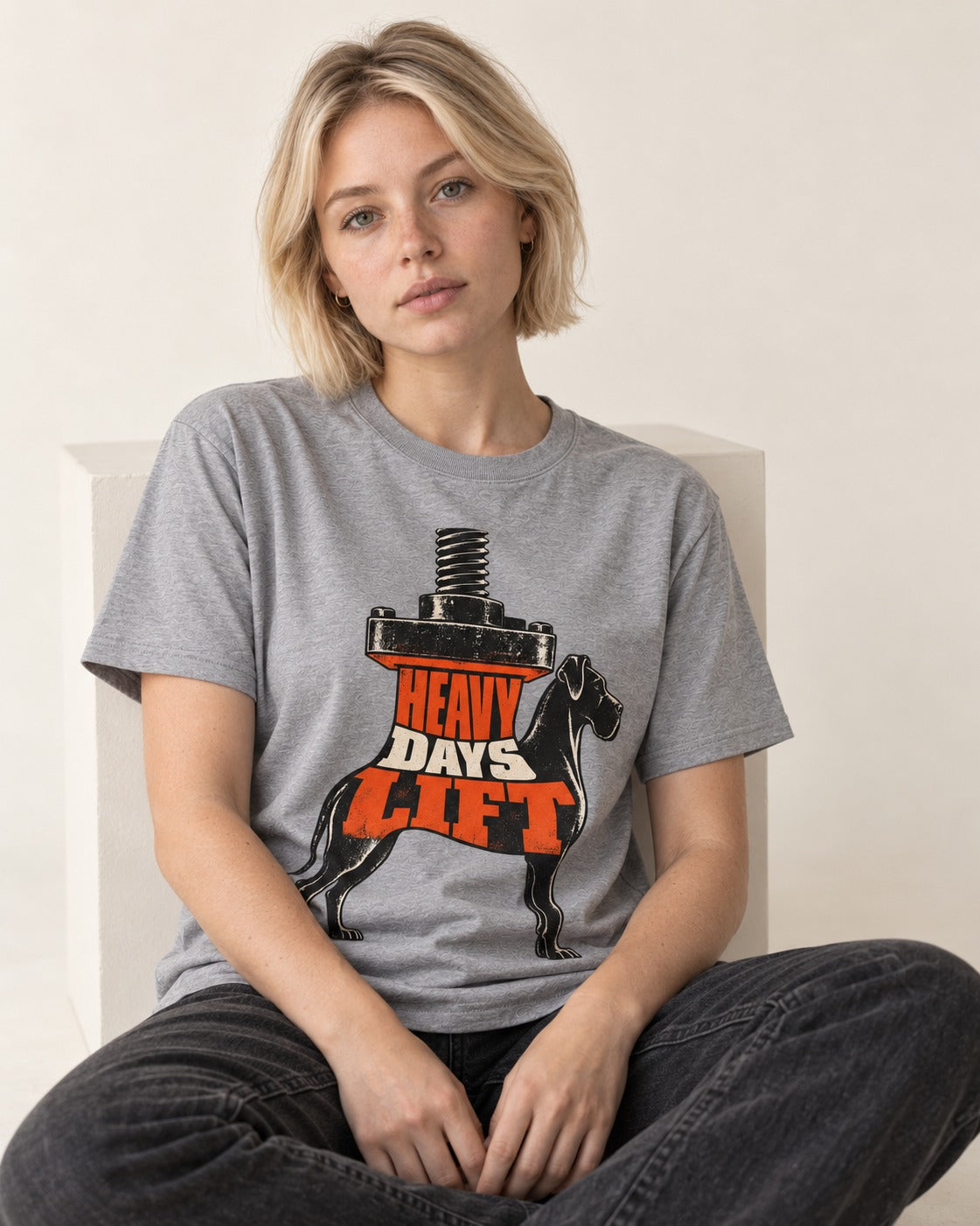 Great Dane Heavy Days Lift T-Shirt in Sport Grey, worn by a seated model