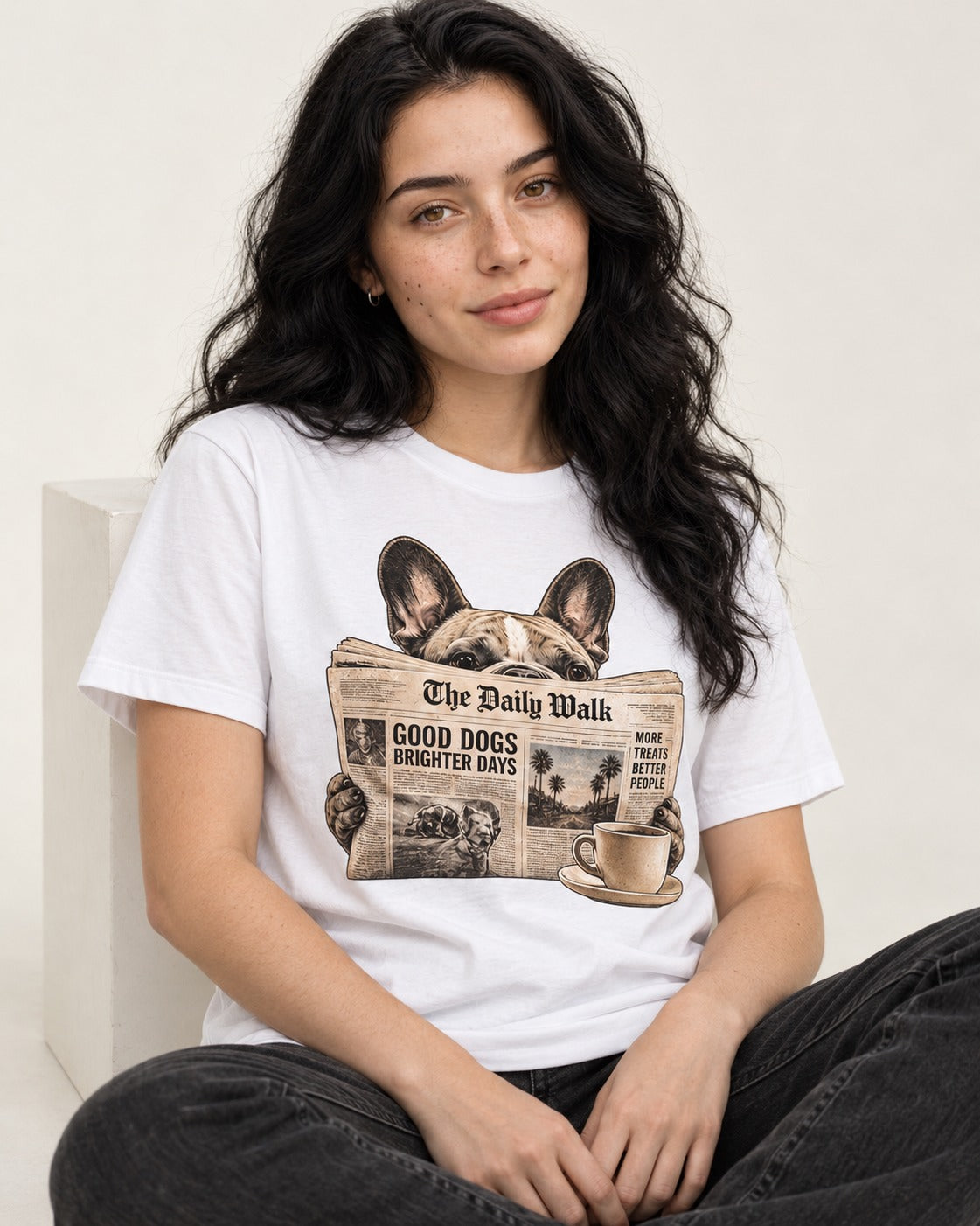 Frenchie Good Dogs Brighter Days Newspaper Graphic T-Shirt in White, worn by a seated model