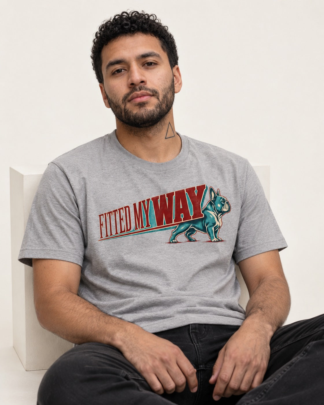 Frenchie Fitted My Way Collegiate Graphic T-Shirt in Sport Grey, worn by a seated model