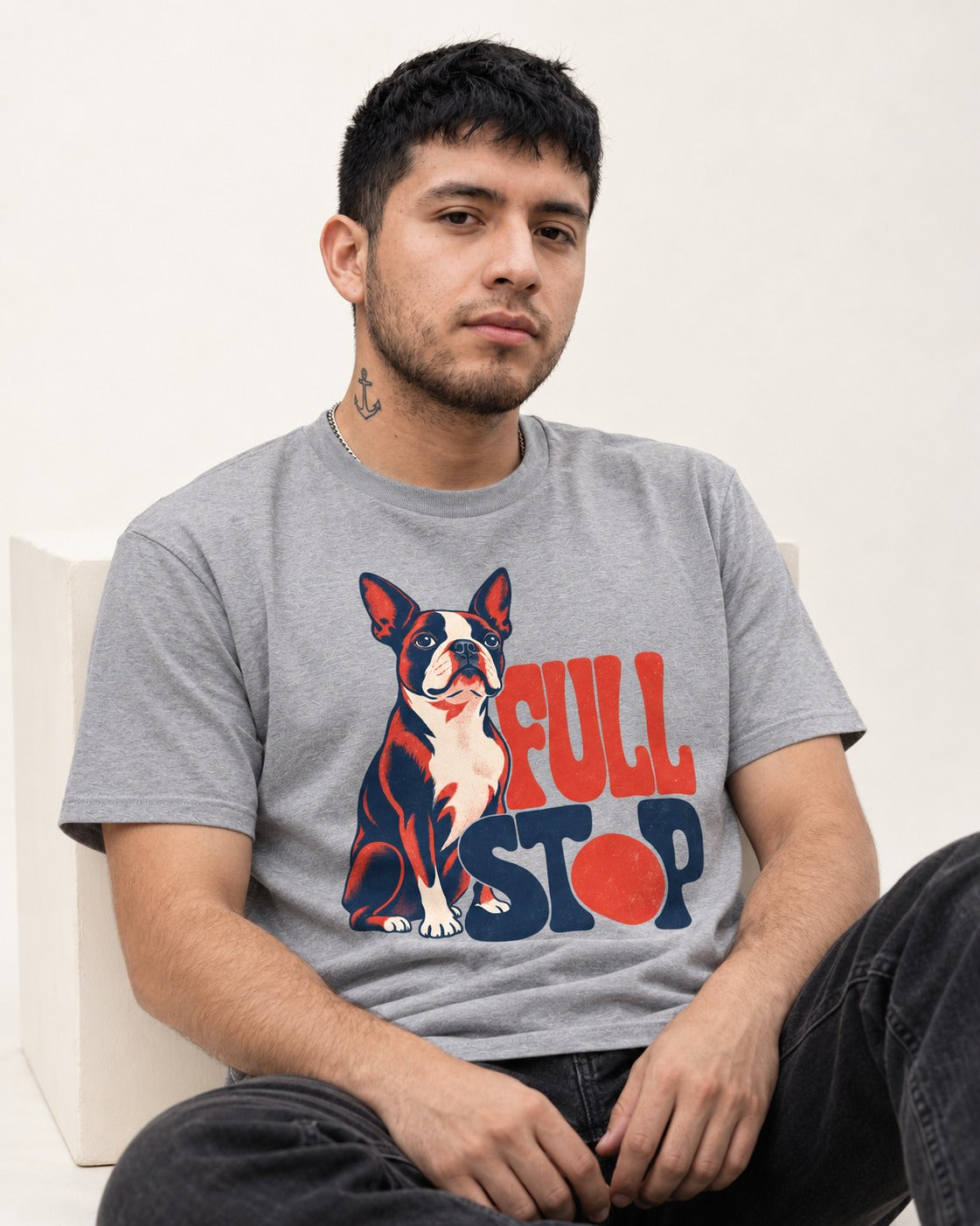 Full Stop for Boston Terrier T-Shirt in Sport Grey, worn by a seated model