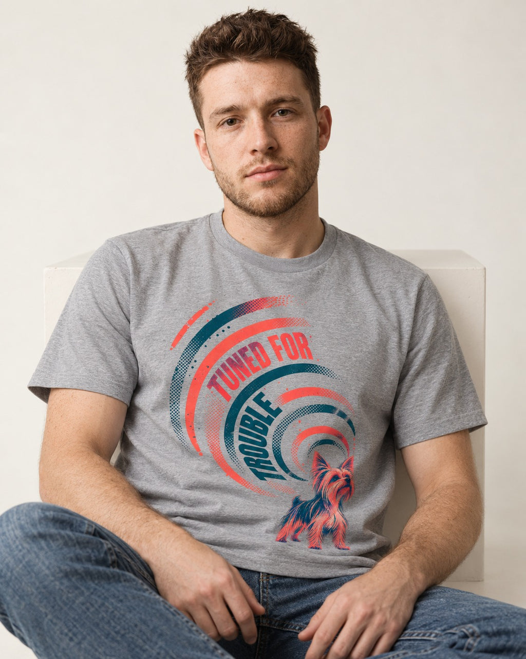 Yorkshire Terrier Tuned for Trouble T-Shirt in Sport Grey, worn by a seated model