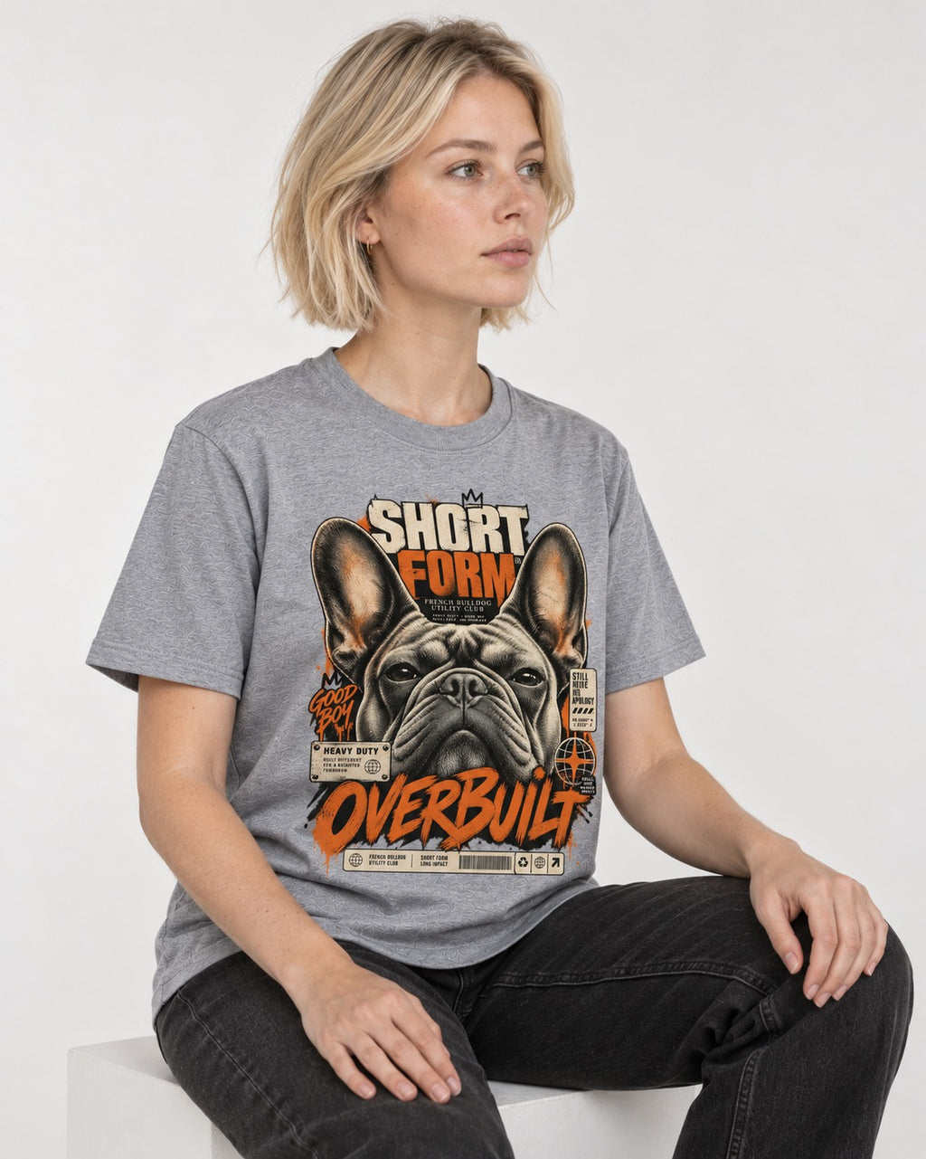 Frenchie Short Form Overbuilt Utility Club Poster Graphic T-Shirt in Sport Grey, worn by a seated model
