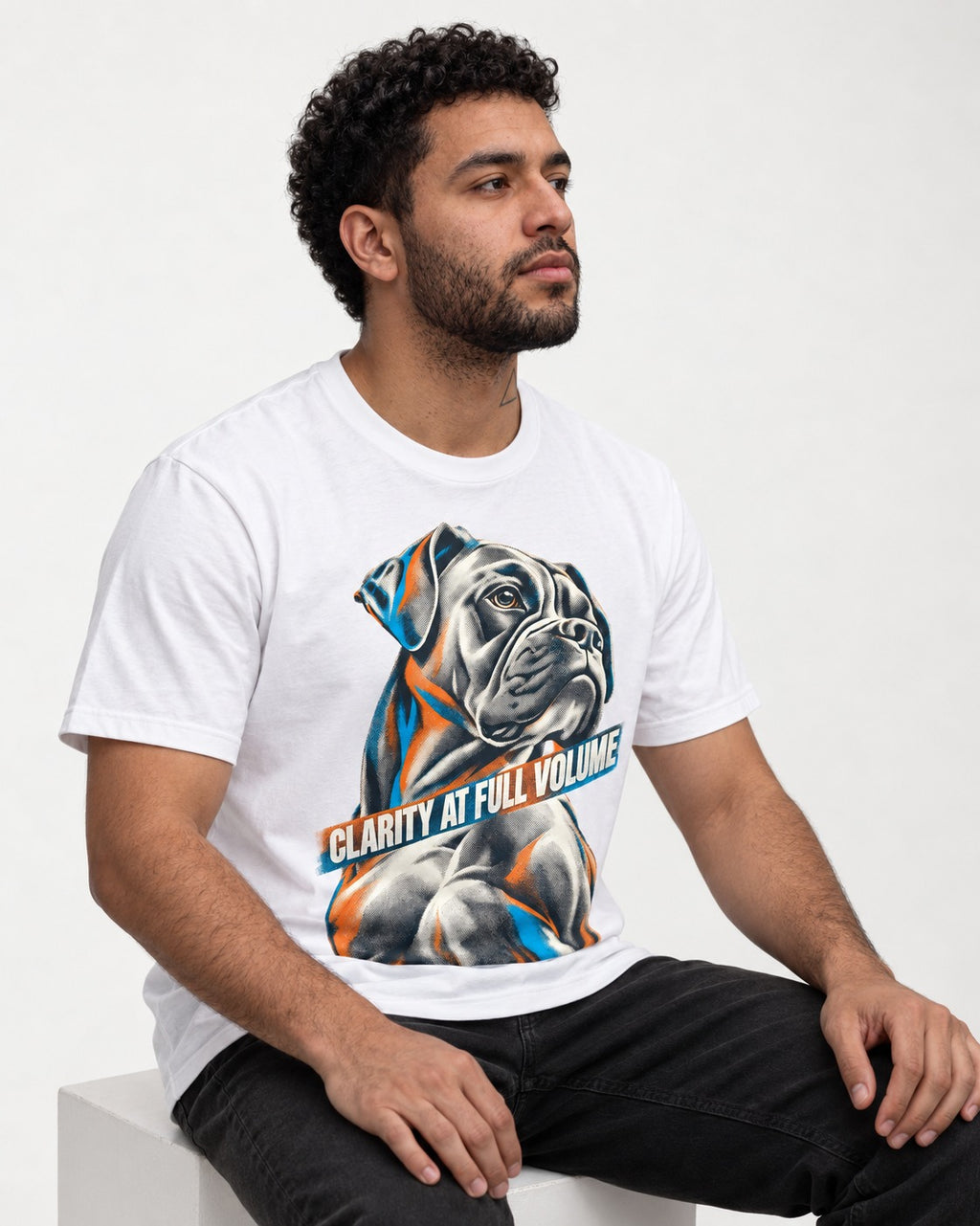 Clarity at Full Volume Boxer Portrait T-Shirt in White, worn by a seated model